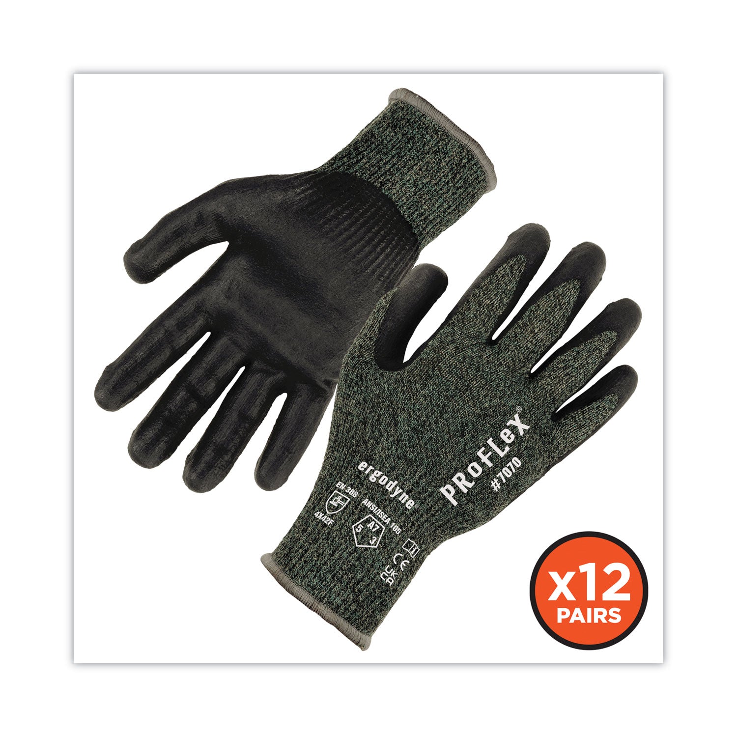 Ergodyne 7070 Nitrile-Coated Cut-Resistant Gloves, X-Large, Green, Synthetic Fiber, Touchscreen Capable, Heat, Cut & Abrasion Resistant, Machine Washable, 2 Pairs per Pack