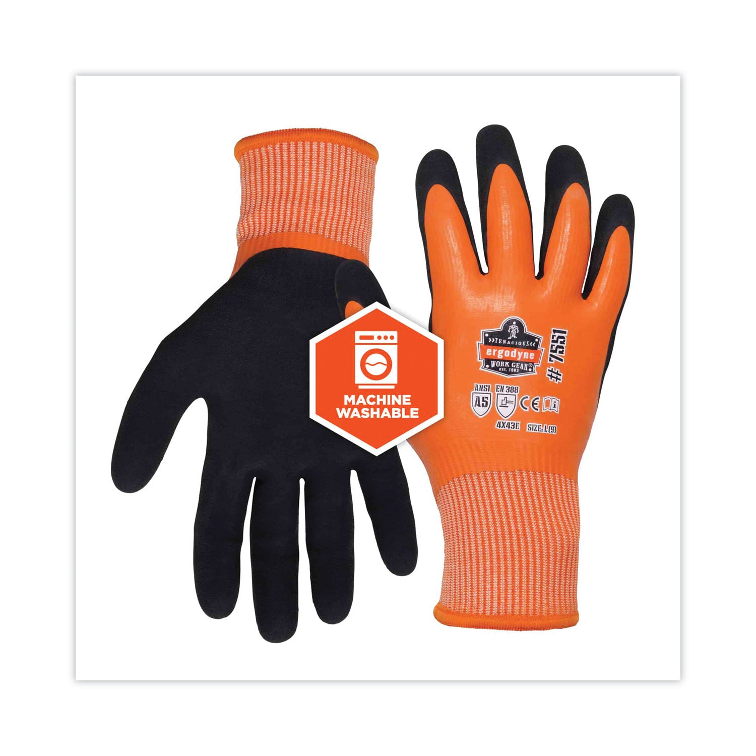 Ergodyne ProFlex 7551 A5 Coated Waterproof Gloves, Large, Orange, Nitrile & Latex Coating, Cut/Water/Cold/Puncture/Abrasion/Slash Resistant, Superior Grip, Machine Washable, 2 Pairs, 12 Carton