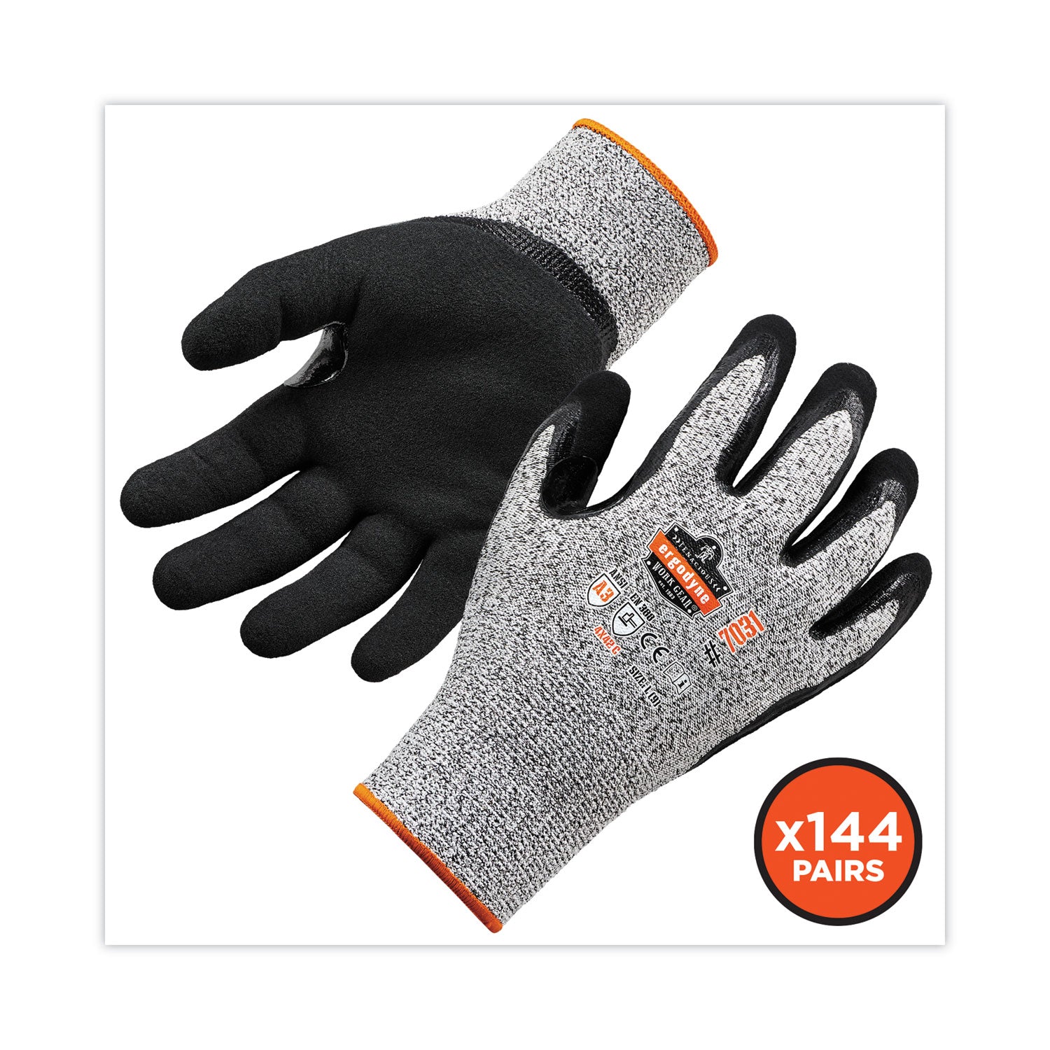 Ergodyne ProFlex 7031 Nitrile-Coated Cut-Resistant Gloves, A3 Level, Large, Gray, 2/Pair, 144 Pairs/Carton, 2" Thickness, 10" Length, Seamless Knit Wrist, High Visibility, Reinforced Thumb, Durable
