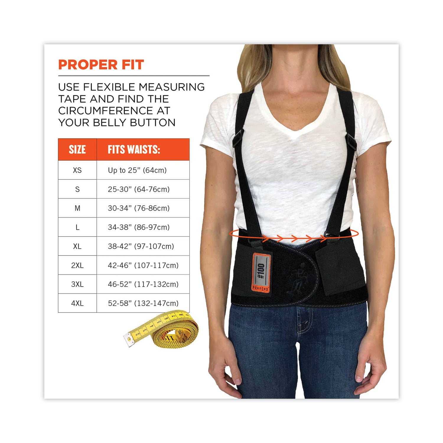 Ergodyne ProFlex 100 Economy Back Support Brace - 46" to 52" Waist Size - Black - 280D Spandex, Rubber, Polypropylene - 1 Each