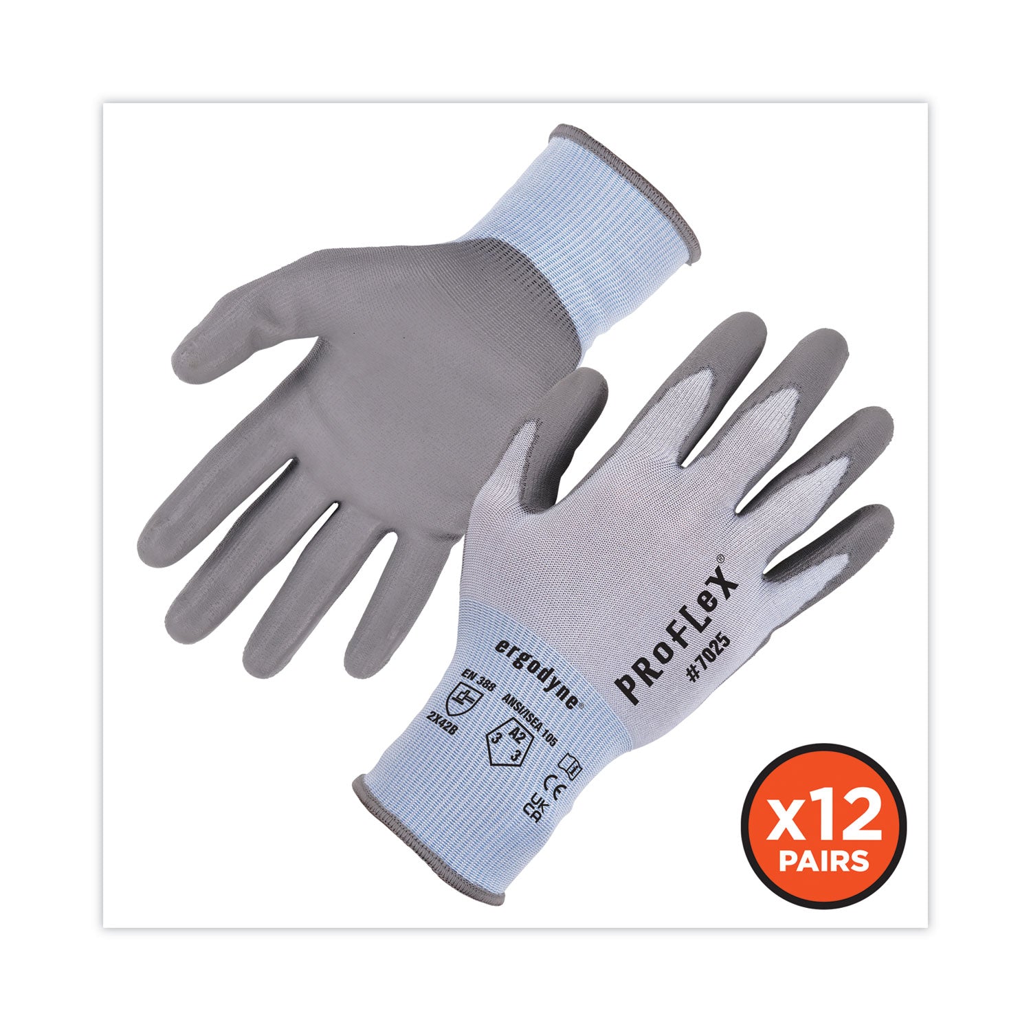 Ergodyne 7025 PU-Coated Cut-Resistant Gloves, Large, Blue, Touchscreen Capable, HPPE/Nylon Spandex, Polyurethane Palm, ANSI A2 Cut Level, 2 Pairs per Pack