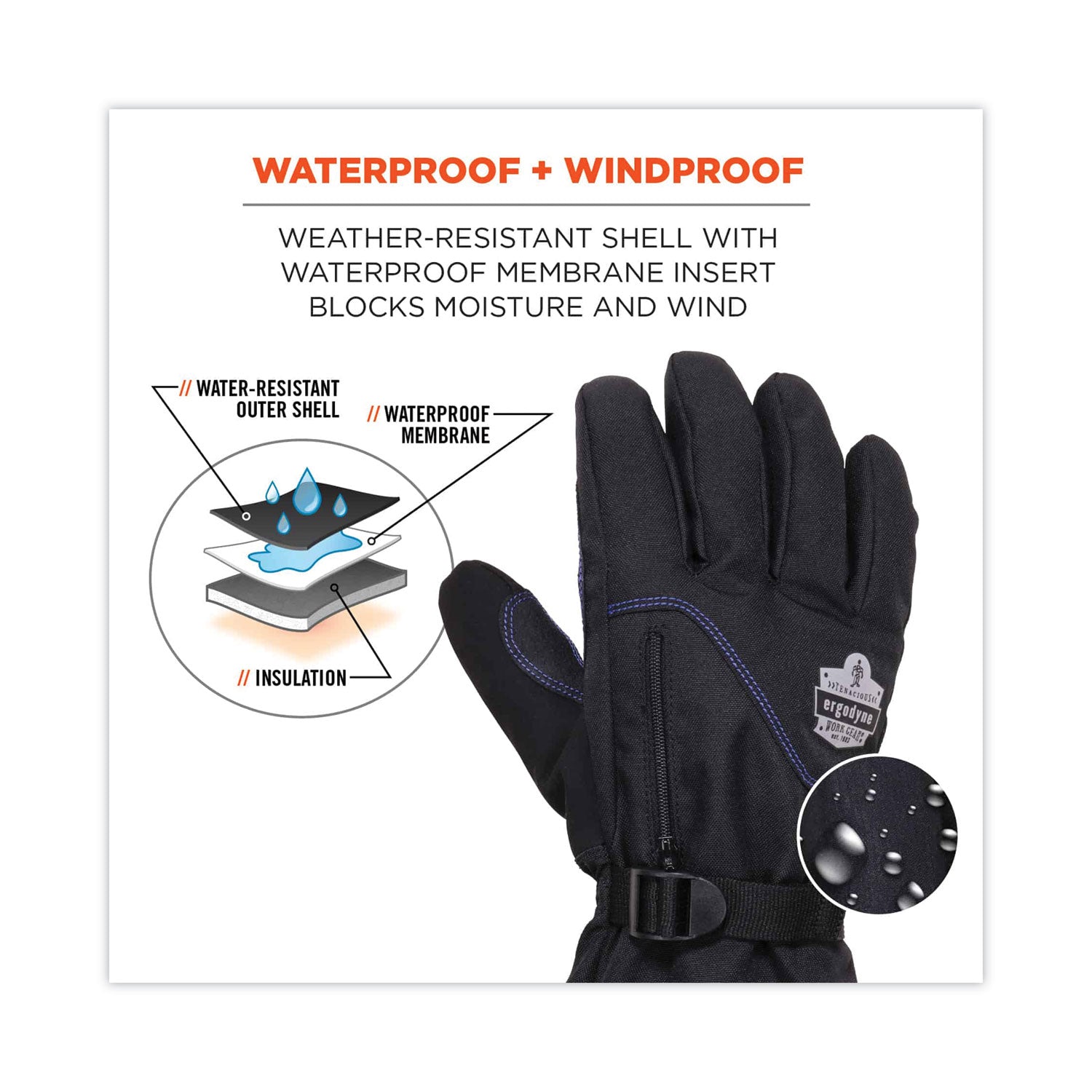 Ergodyne ProFlex 825WP Thermal Waterproof Winter Work Gloves, Medium, Black, 3" Thickness, 13.75" Length, Touchscreen Capable, Dual Layer, 2 Pairs