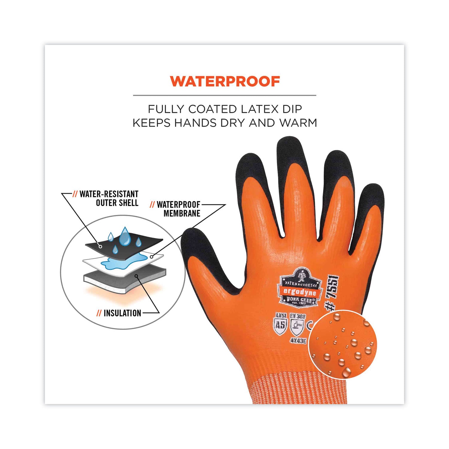 Ergodyne ProFlex 7551 A5 Coated Waterproof Gloves, Large, Orange, Nitrile & Latex Coating, Cut/Water/Cold/Puncture/Abrasion/Slash Resistant, Superior Grip, Machine Washable, 2 Pairs, 12 Carton