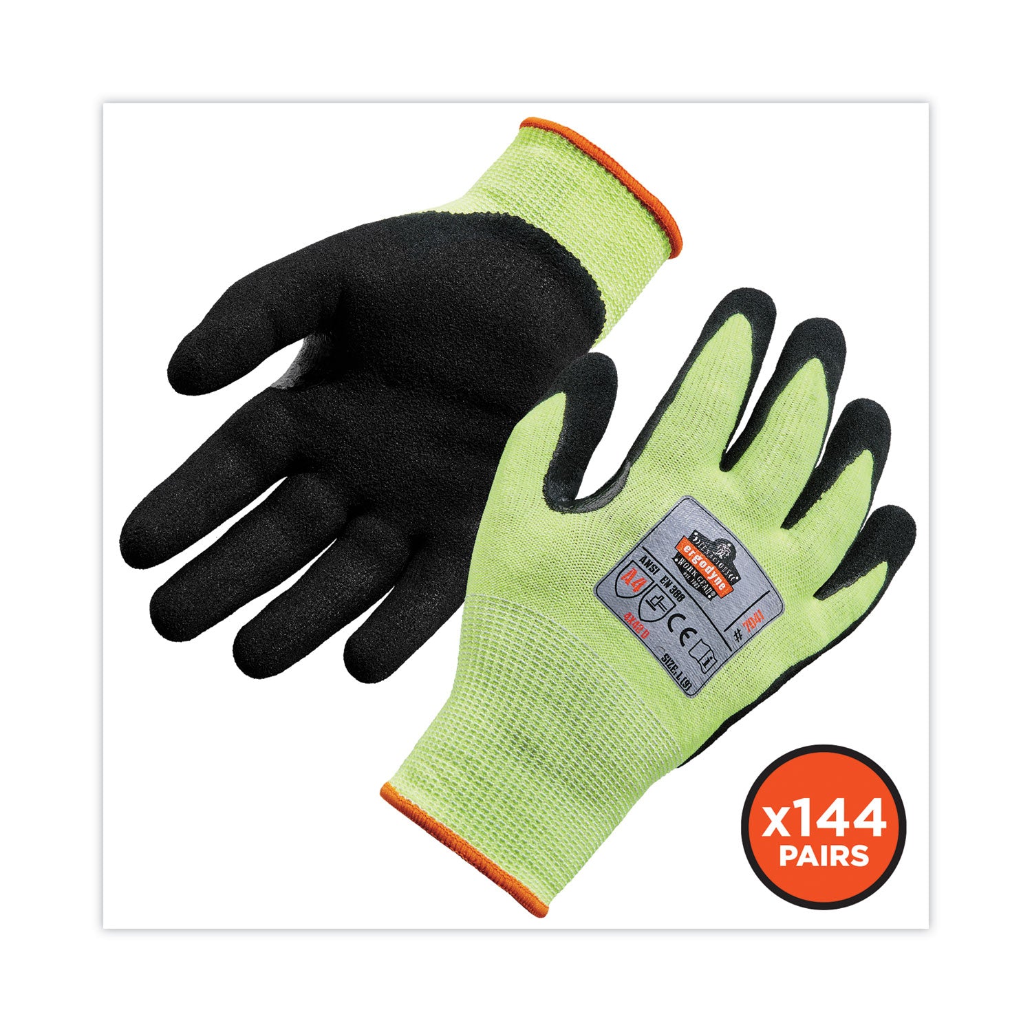 Ergodyne ProFlex 7041 Hi-Vis Nitrile-Coated Level 4 Cut Gloves, Large, Lime, 1.75" Thick, 10" Length, 2/Pair, 144 Pairs/Carton