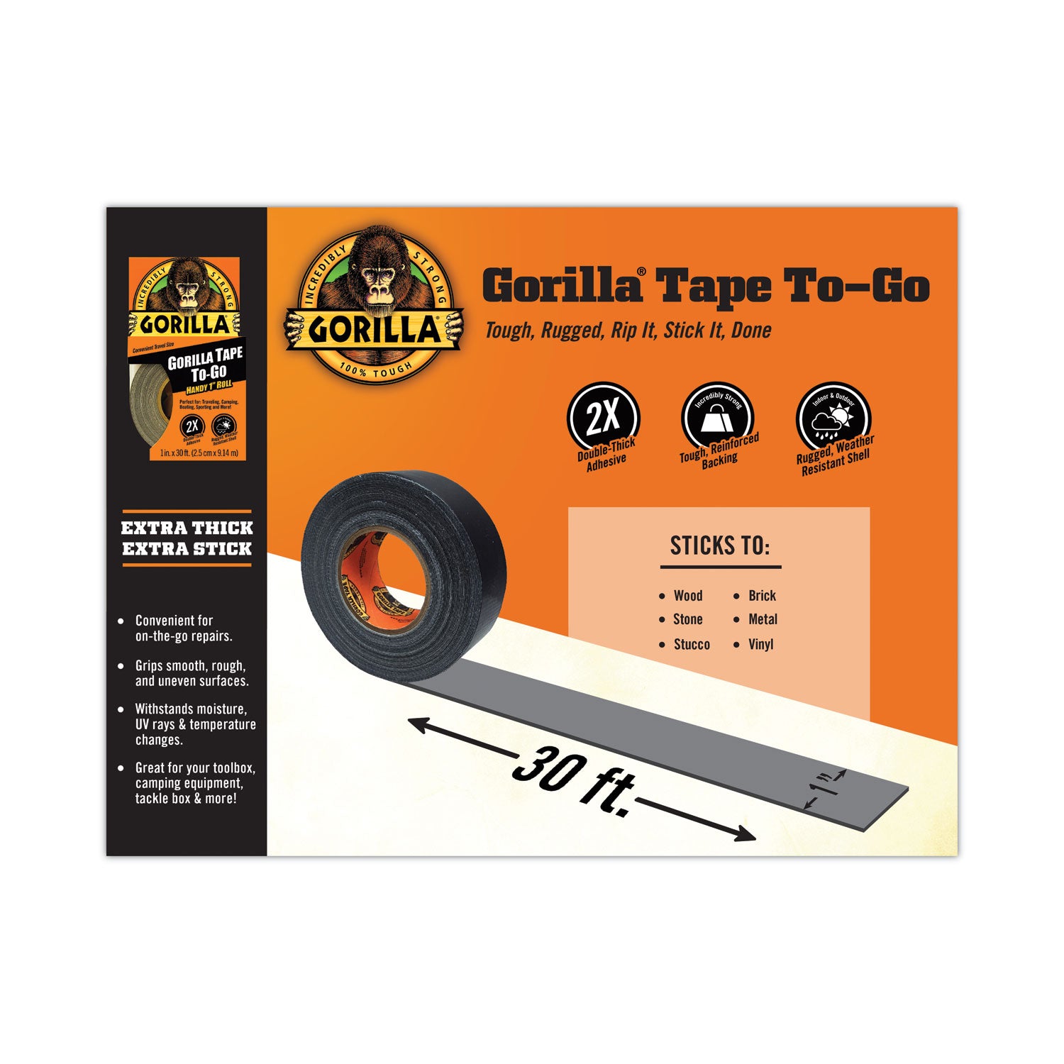6100109 Gorilla 1 In. x 30 Ft. To-Go Heavy-Duty Duct Tape, Black