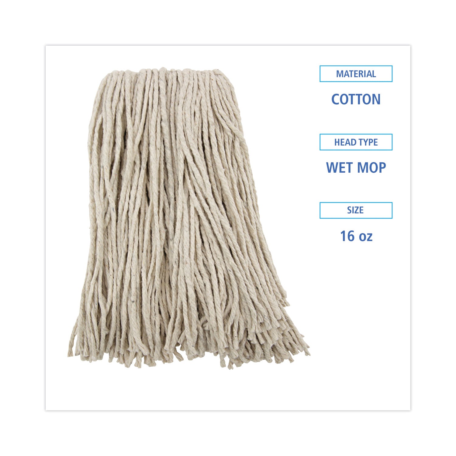 Premium Cut-End Wet Mop Heads, Cotton, 16oz, White, 12/carton