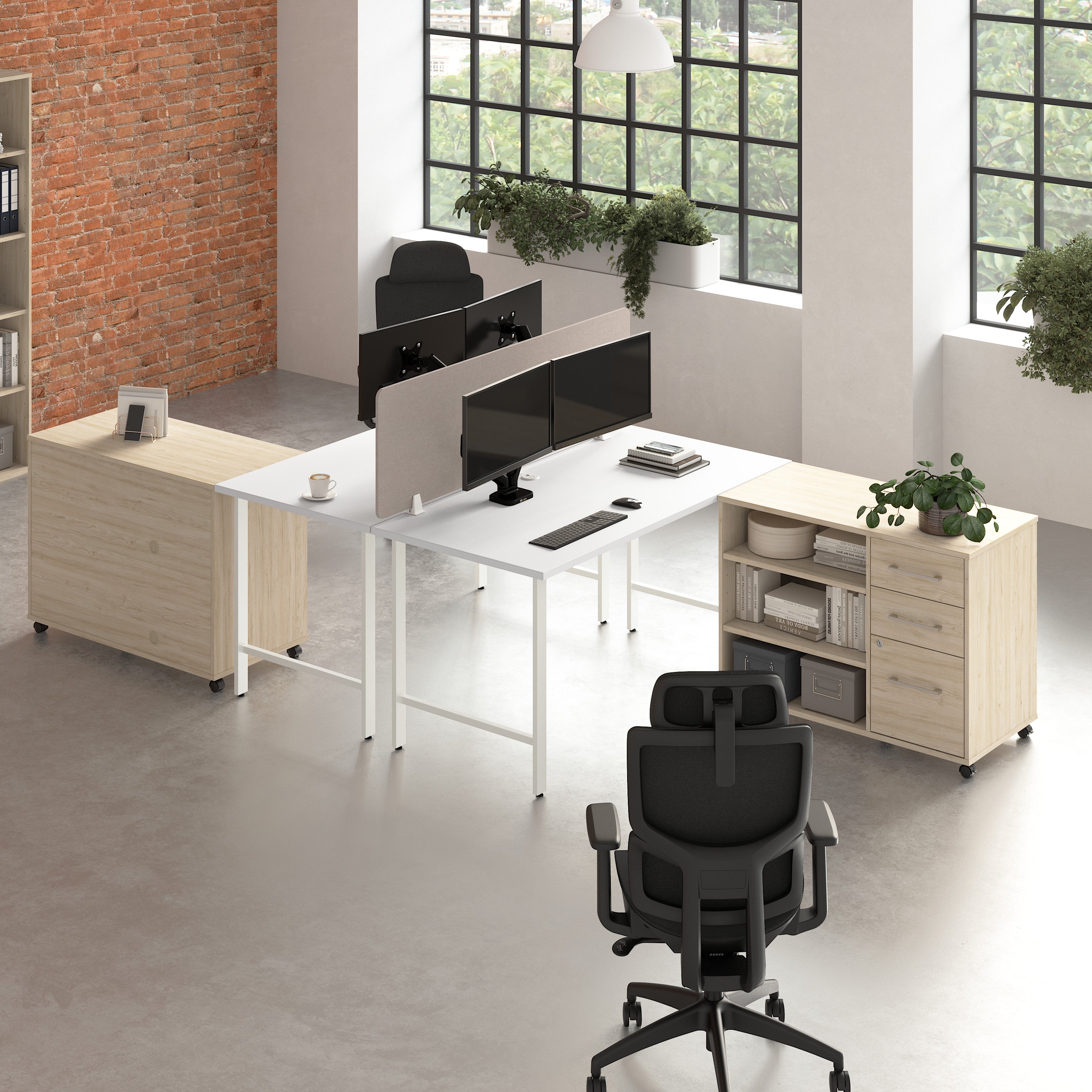 Bush Business Furniture Hustle 2 Person Computer Desk with Mobile Storage Cabinets, Power Grommets, and Privacy Screen in White and Natural Elm - 59.44" Width x 29.37" Depth x 30.07" Height