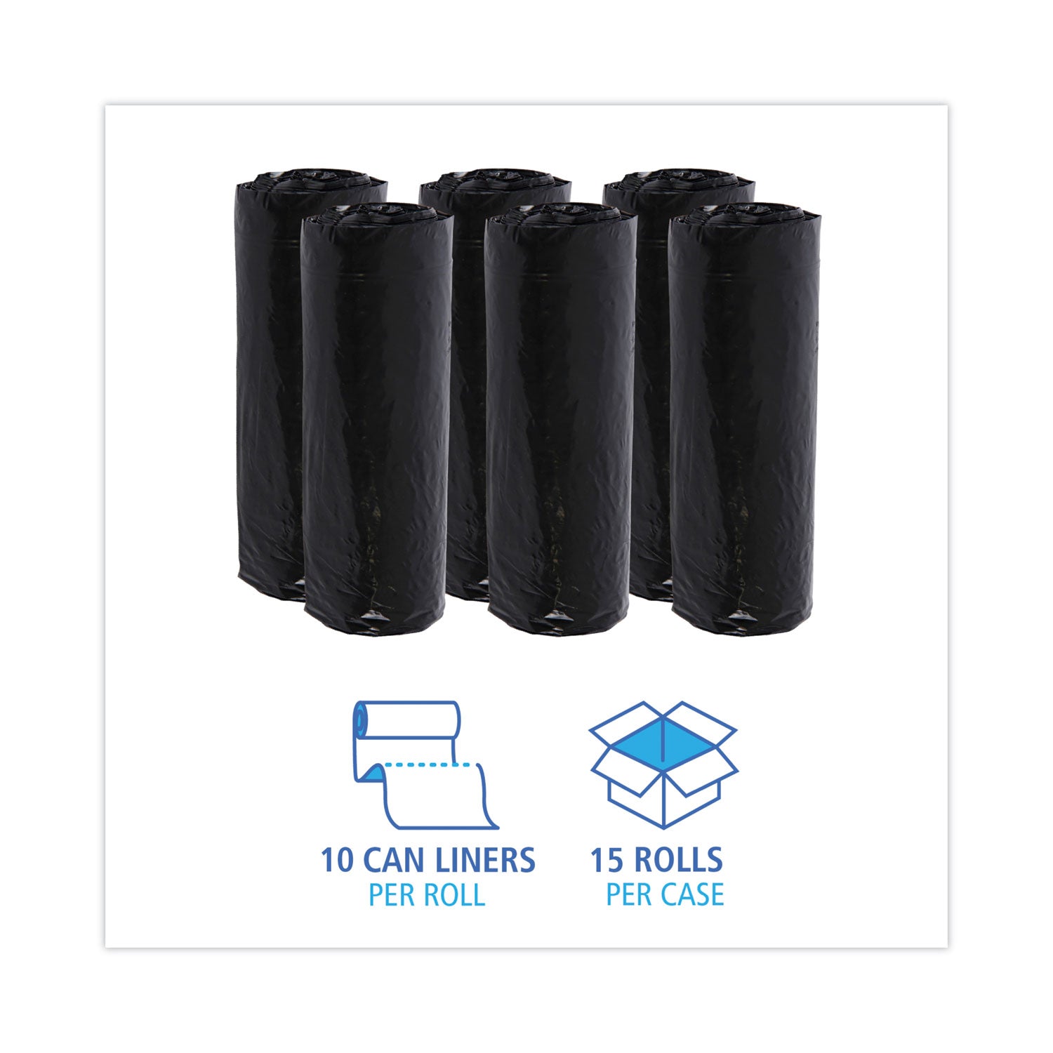 Low-Density Waste Can Liners, 16 gal, 1 mil, 24" x 32", Black, Perforated Roll, 10 Bags/Roll, 15 Rolls/Carton