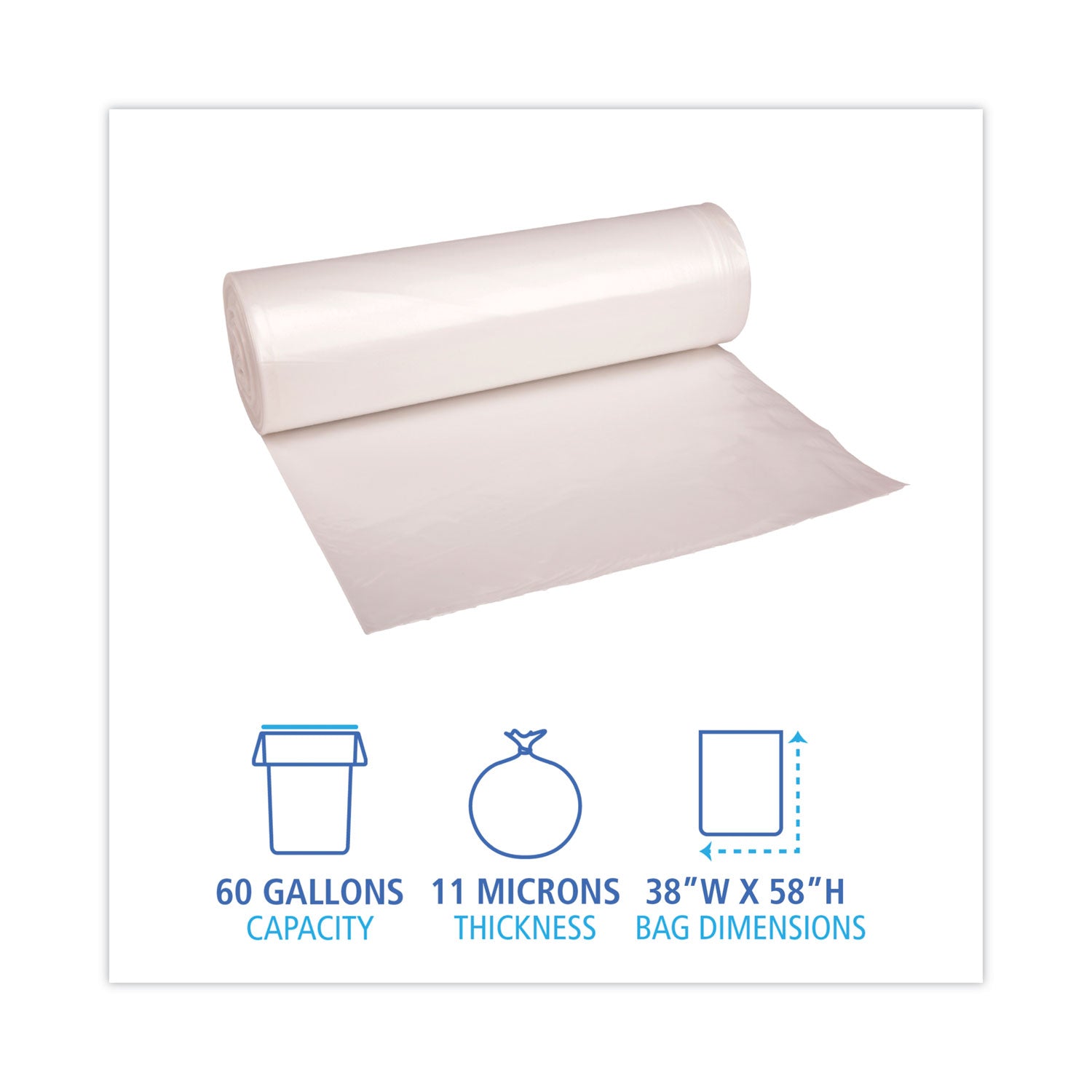 High-Density Can Liners, 60 gal, 11 mic, 38" x 58", Natural, Perforated Roll, 25 Bags/Roll, 8 Rolls/Carton