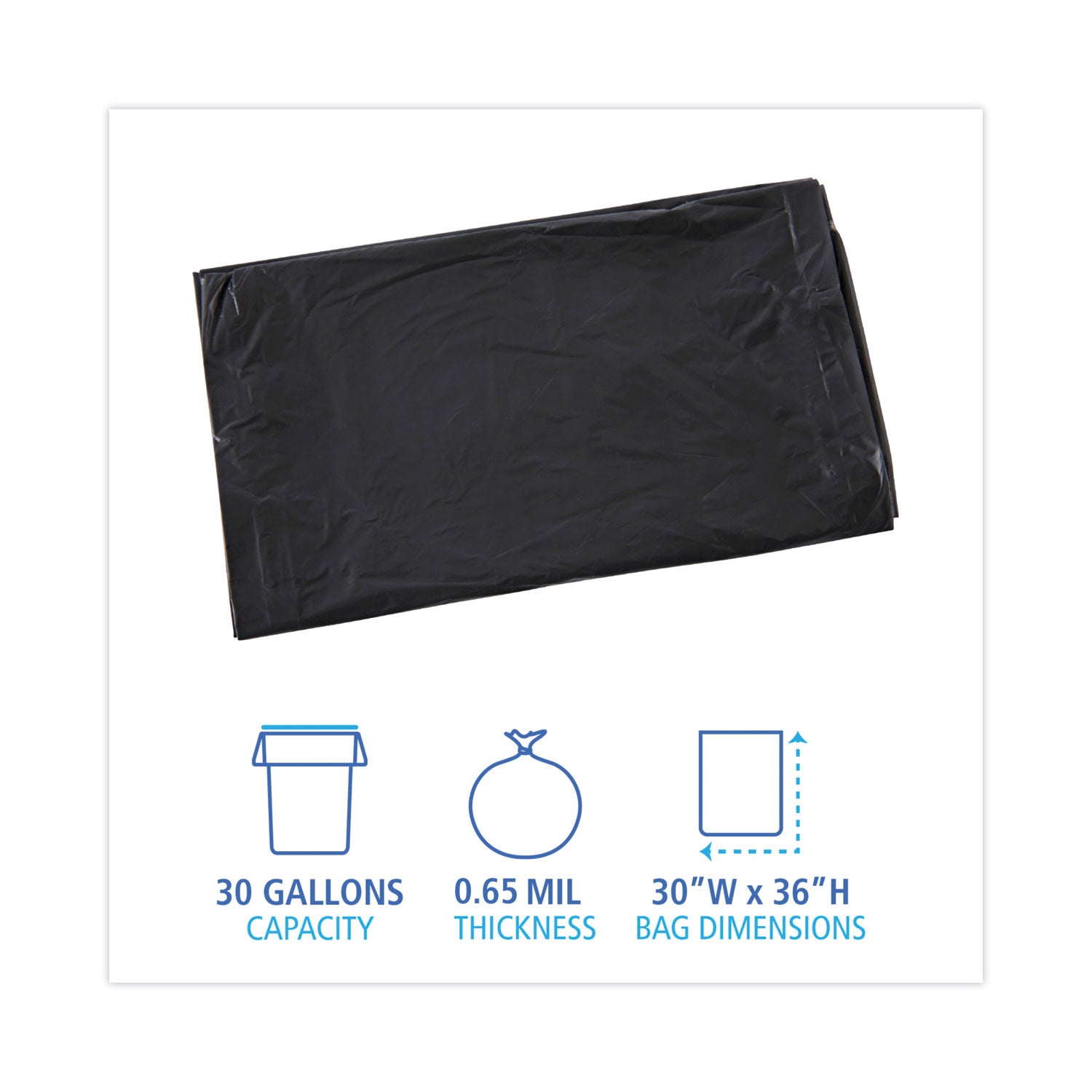Linear Low Density Industrial Can Liners, 30 gal, 0.65 mil, 30" x 36", Black, Flat Pack, 200/Carton