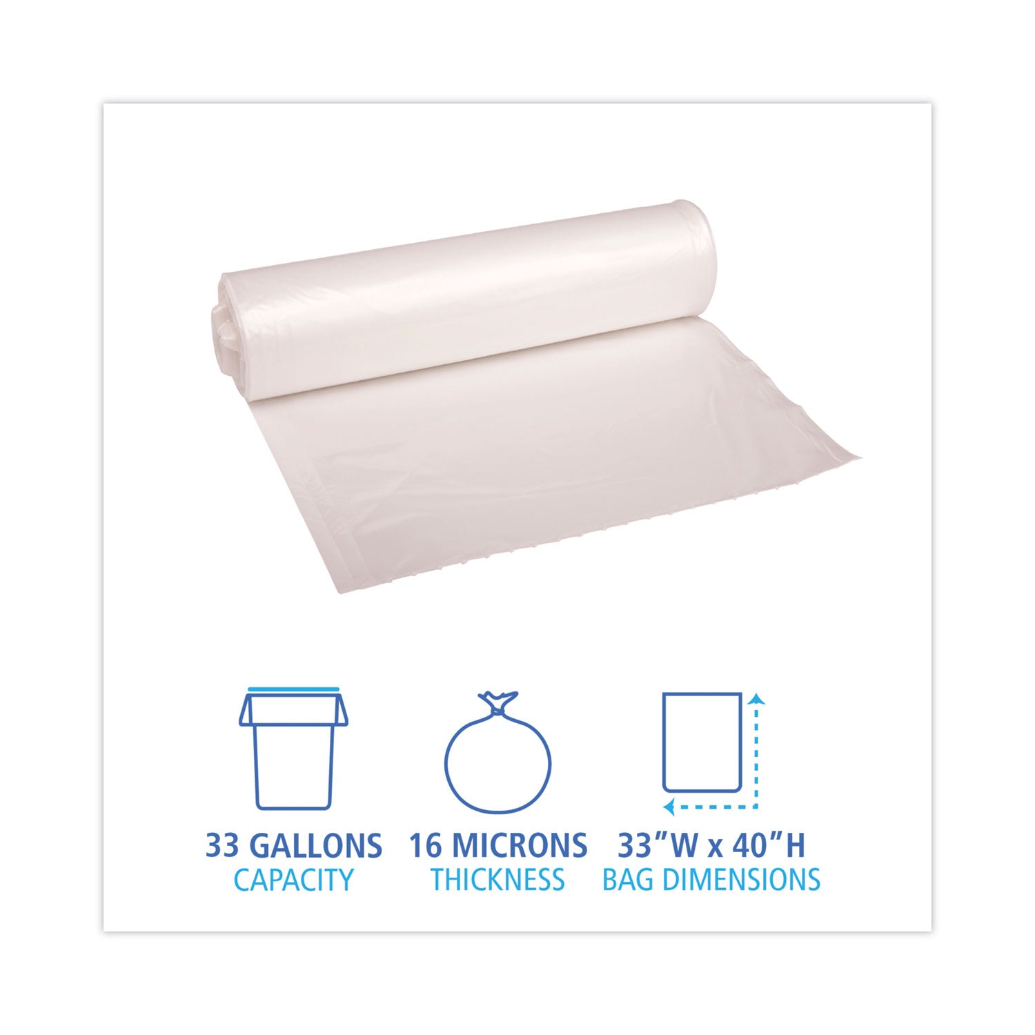 High Density Industrial Can Liners Coreless Rolls, 33 gal, 16 mic, 33" x 40", Natural, Perforated, 25 Bags/Roll, 10 Rolls/CT