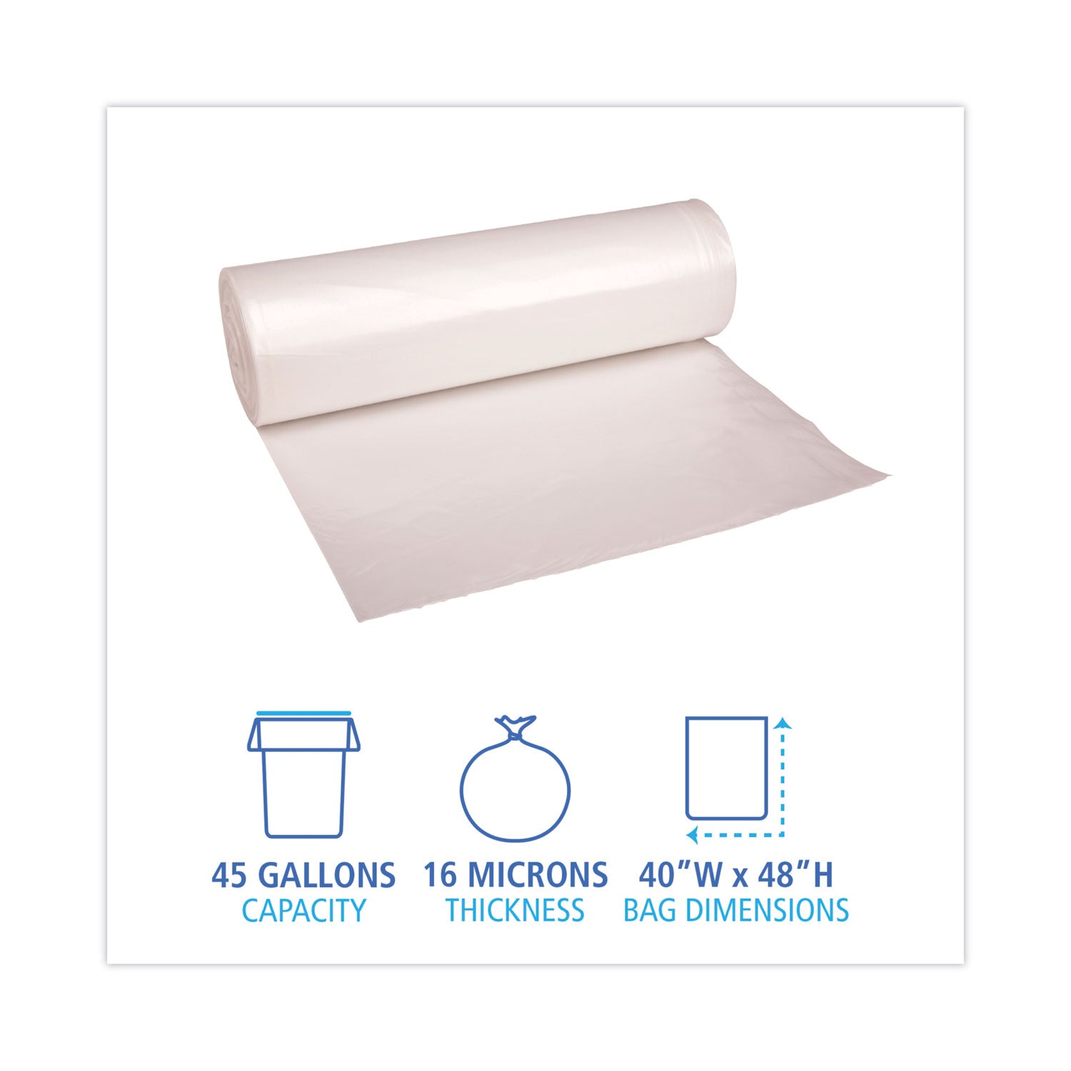 High Density Industrial Can Liners Coreless Rolls, 45 gal, 16 mic, 40" x 48", Natural, Perforated, 25 Bags/Roll, 10 Rolls/CT
