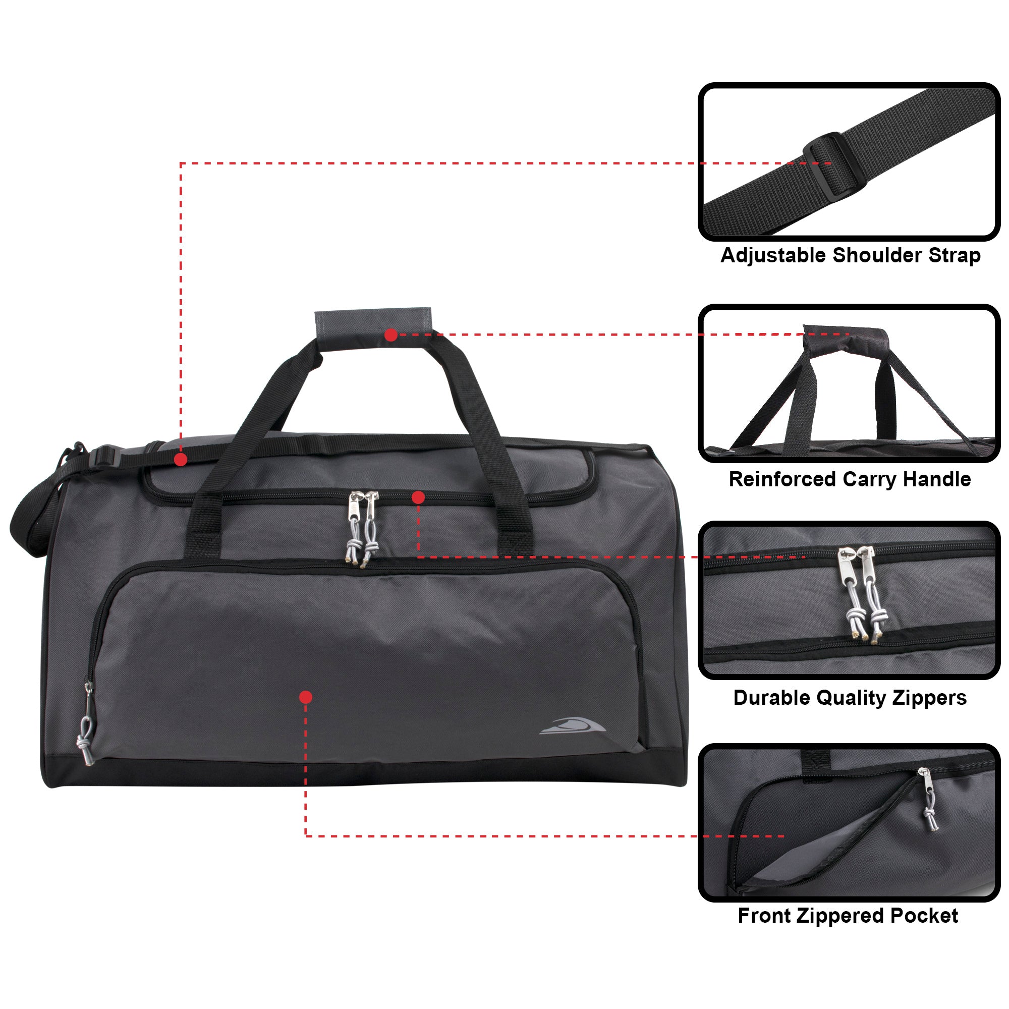24 Inch Wide-Pocket Duffle Bags - Grey - 24 in the Pack