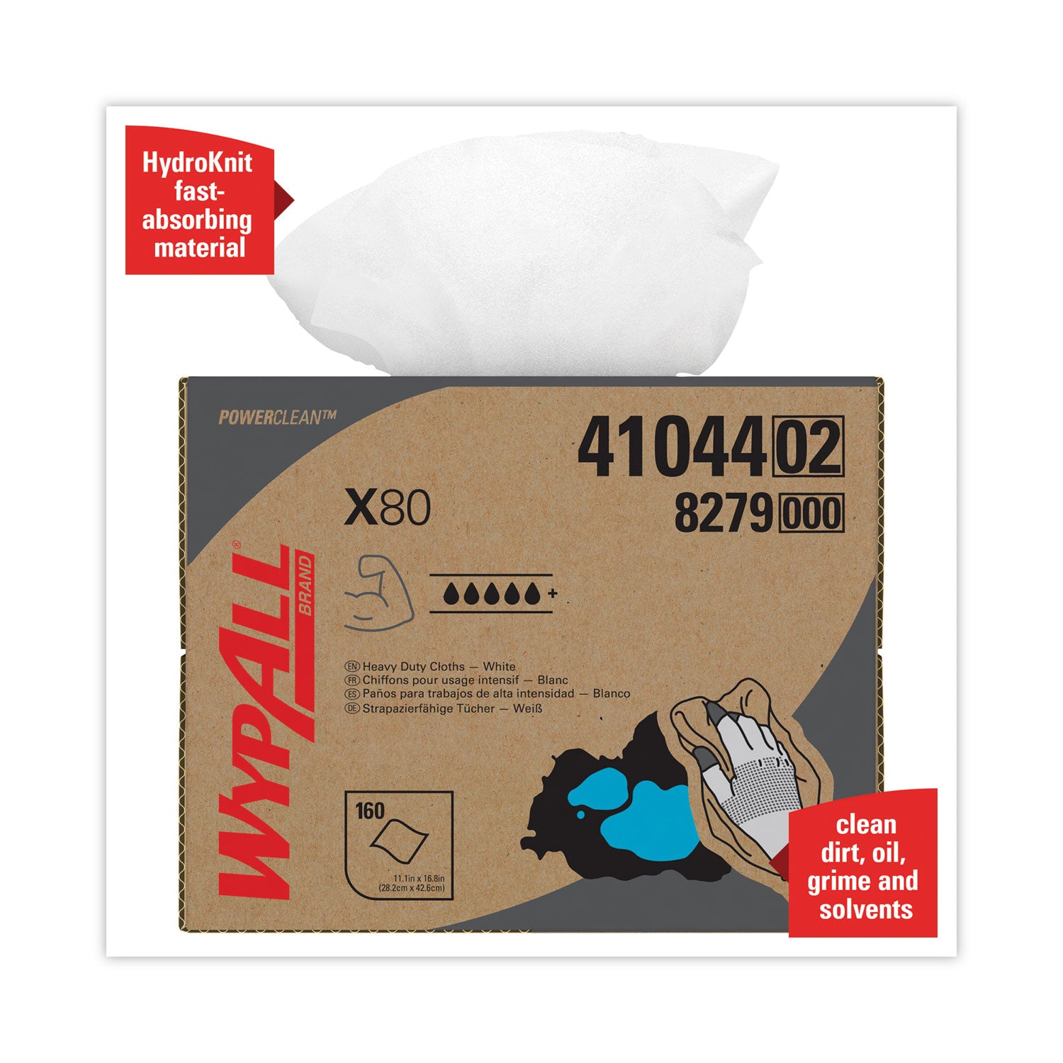 Wypall PowerClean X80 Heavy Duty Cloths - Brag Box - 11.10" Width x 16.80" Length - White - Pulp Fiber, Polypropylene - 1 Carton