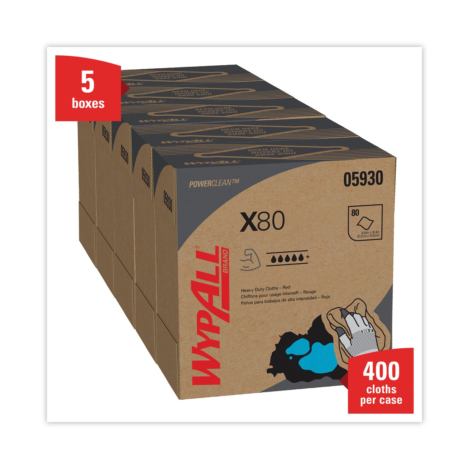 16.80" Length x 8.34" Width - Absorbent, Durable, Reusable, Foldable, Contaminant-free, Durable - Red - 80/Box - 1 Carton
