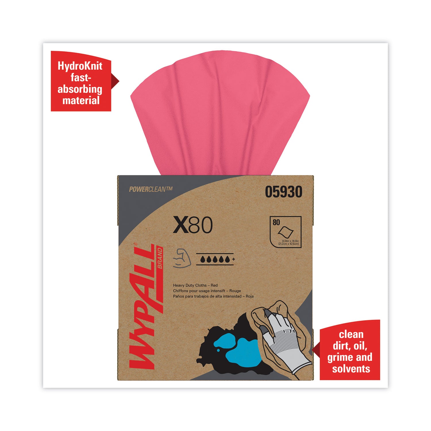16.80" Length x 8.34" Width - Absorbent, Durable, Reusable, Foldable, Contaminant-free, Durable - Red - 80/Box - 1 Carton