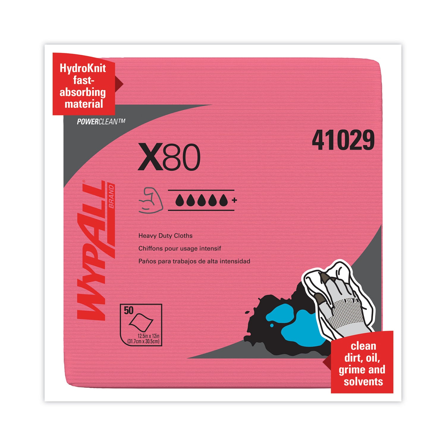 Wypall PowerClean X80 Heavy Duty Cloths, Quarter-fold, Red, 12" x 12.5", 50 Cloths per Pack, 1 Carton