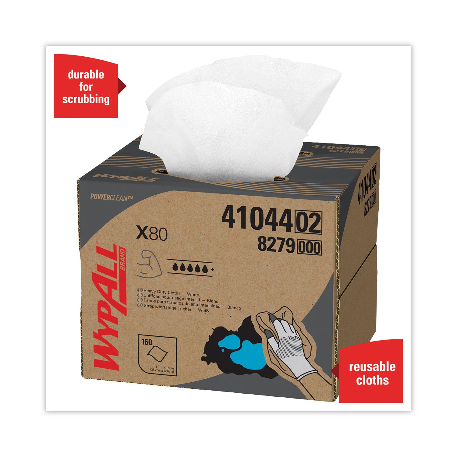 Wypall PowerClean X80 Heavy Duty Cloths - Brag Box - 11.10" Width x 16.80" Length - White - Pulp Fiber, Polypropylene - 1 Carton