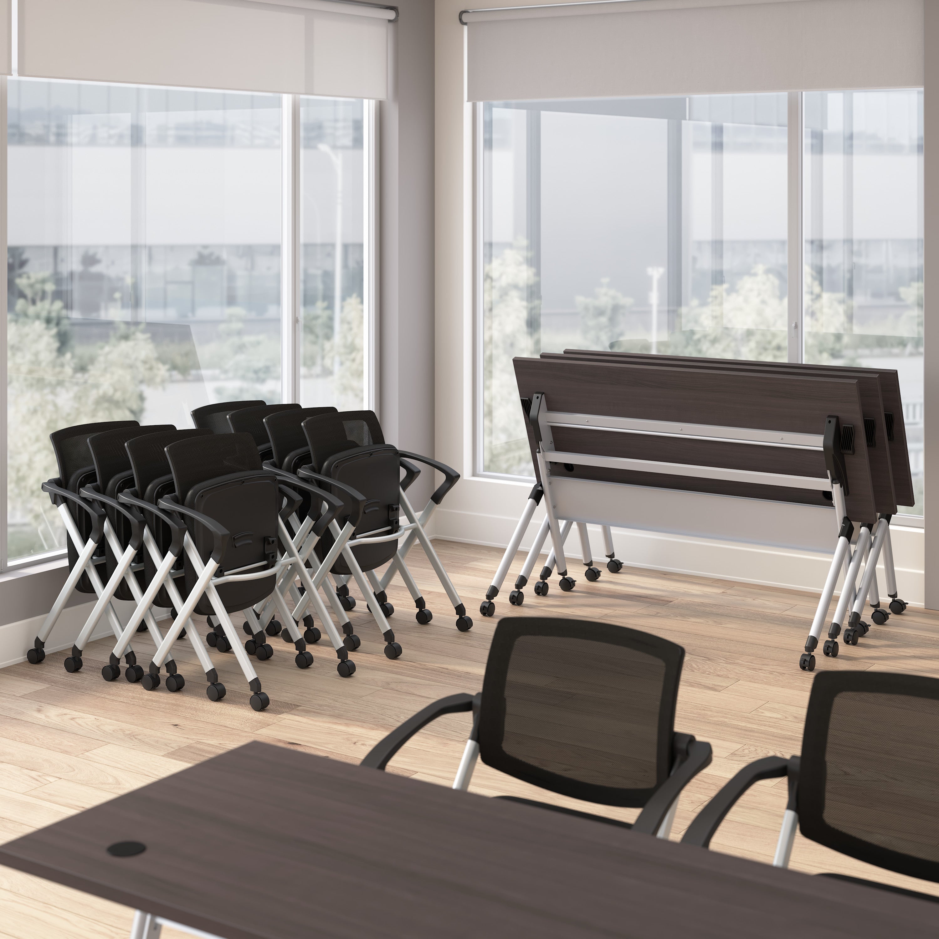 Bush Business Furniture Envision 72W Training Table with Powered Grommets and 2 Chairs with Arms in Storm Gray - 71.02" Width x 23.54" Depth x 32.87" Height
