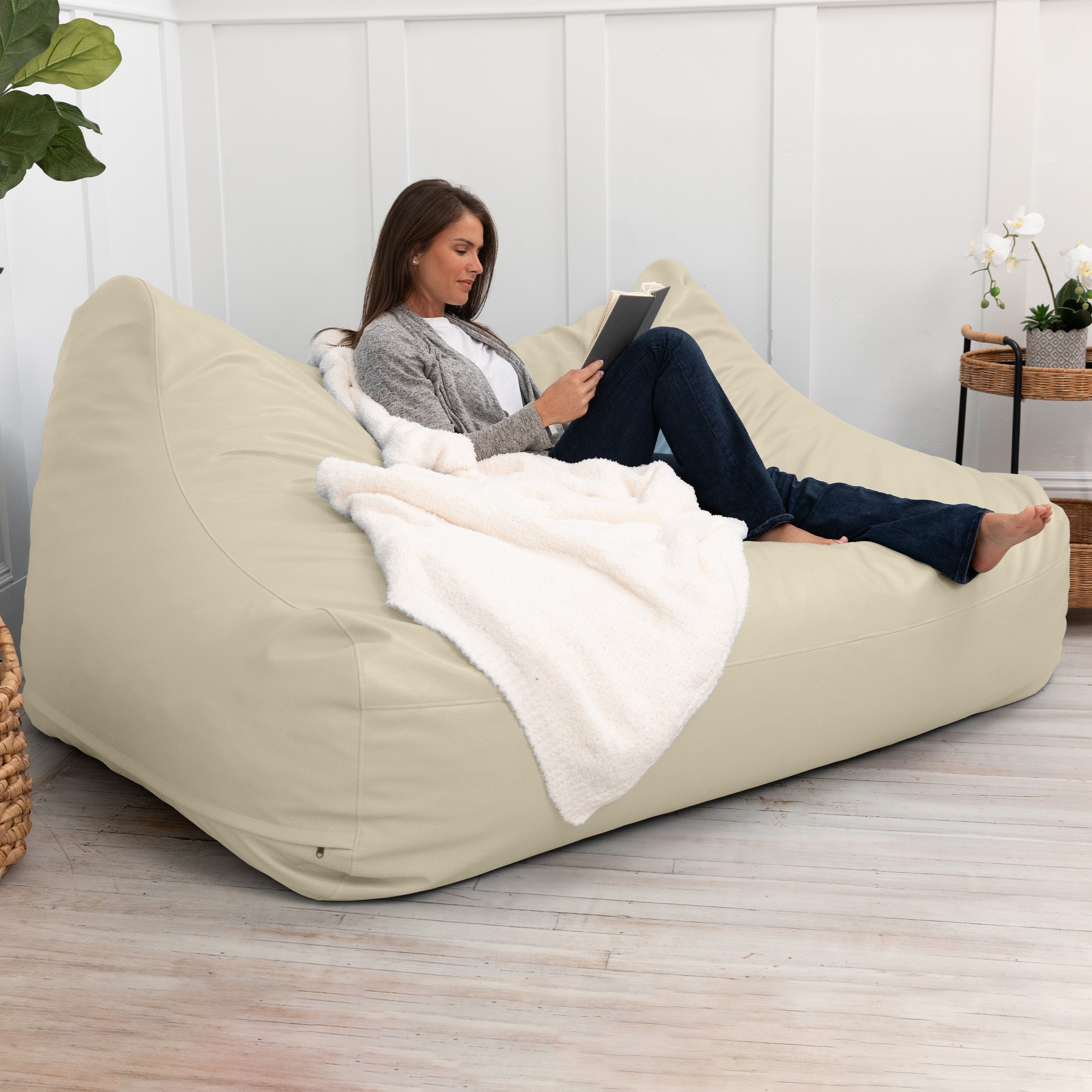 Atrium Collection Lozia Loveseat - Large Foam Bean Bag Sofa for Home Theaters, Offices, Schools, Reception & Waiting Rooms - Faux-Leather - Natural Beige