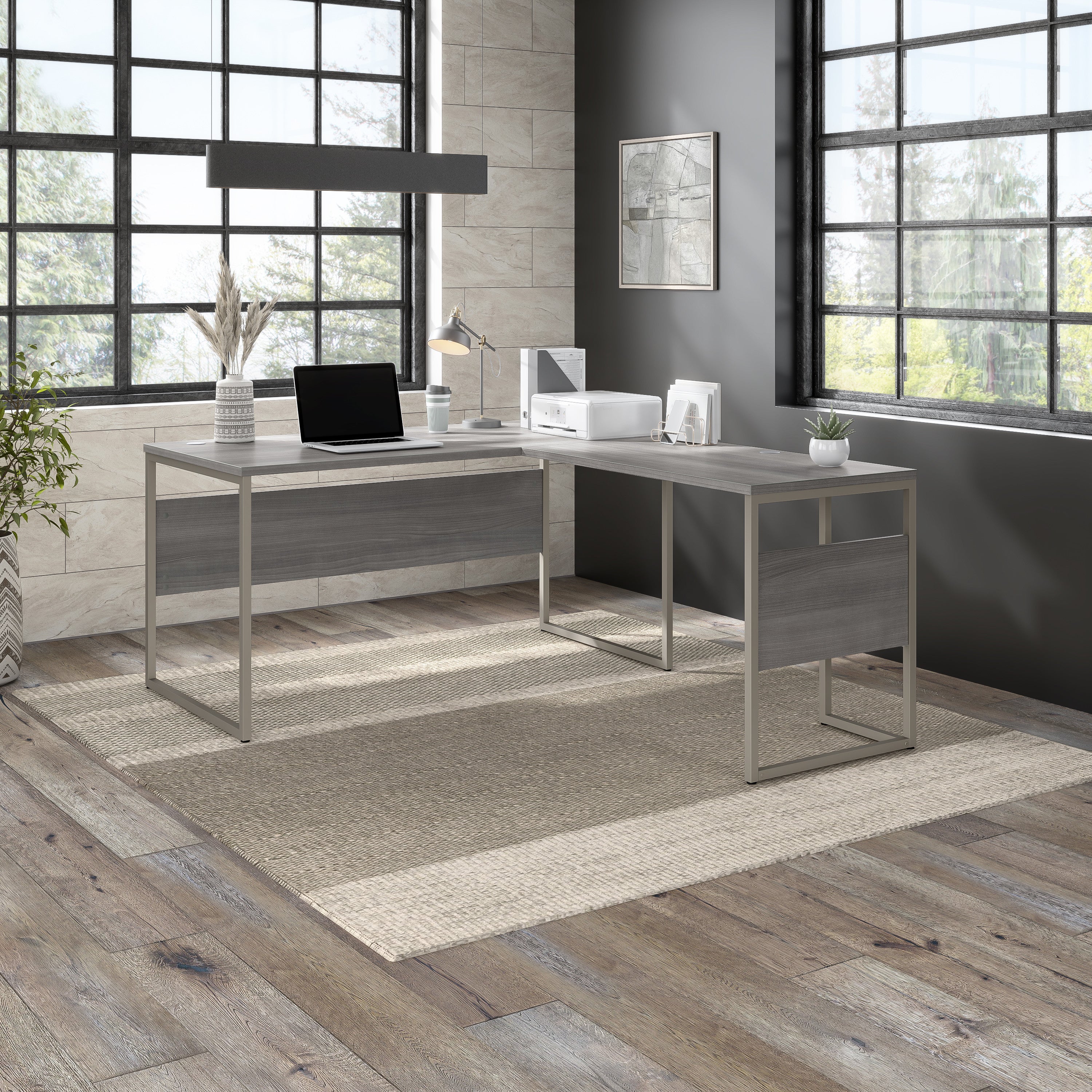 Bush Business Furniture Hybrid 60W x 30D L Shaped Table Desk with Metal Legs in Platinum Gray - 59.45" Width x 71.34" Depth x 29.91" Height