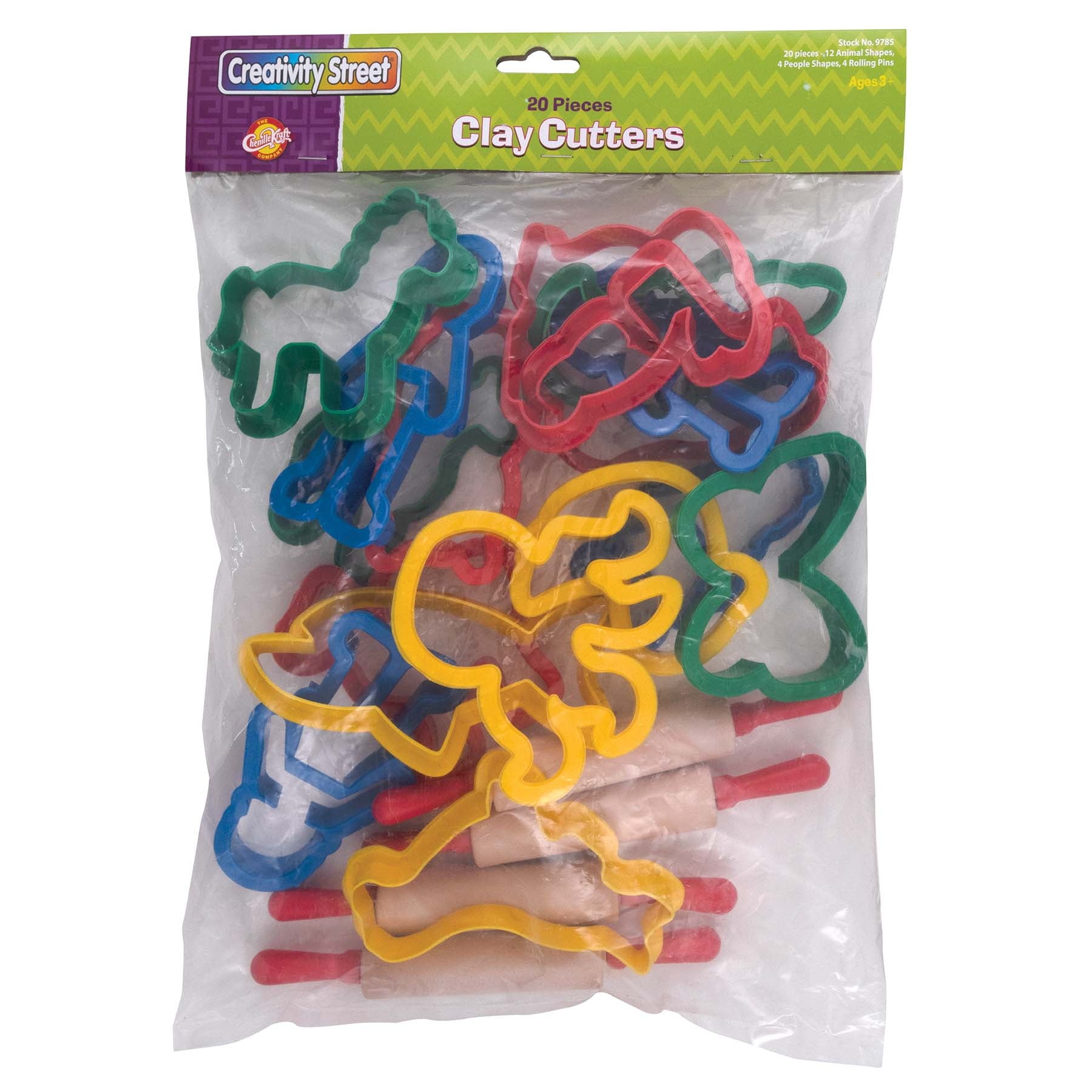 Jumbo Dough & Clay Cutter Set with Rolling Pin, Assorted Shapes, Approx. 4", 20 Pieces