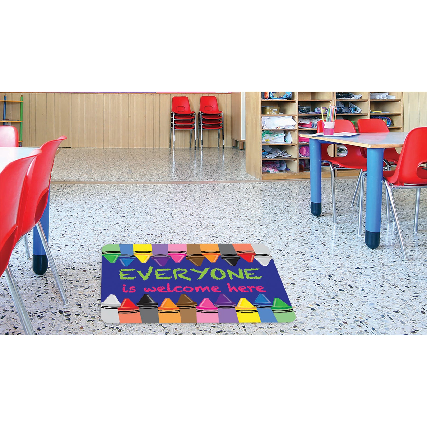 Welcome Mat with Slip Resistant Backing, 15.5" x 23.5", Crayons, Everyone is Welcome Here