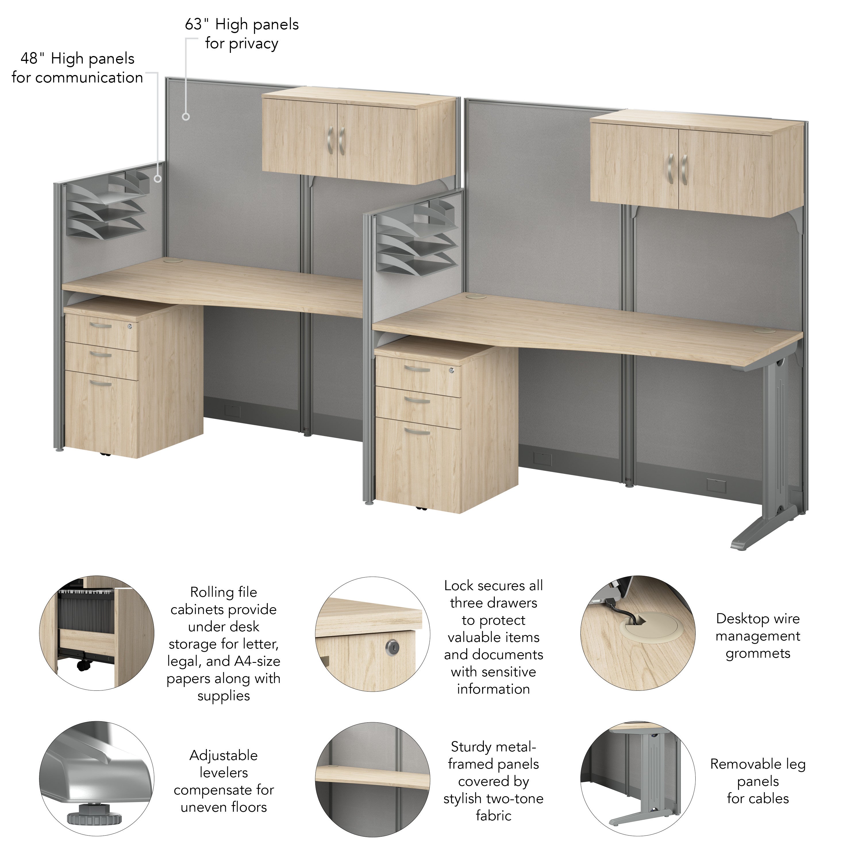 Bush Business Furniture Office in an Hour 2 Person Cubicle Desks with Storage, Drawers, and Organizers in Natural Elm - 128.97" Width x 32.24" Depth x 62.86" Height