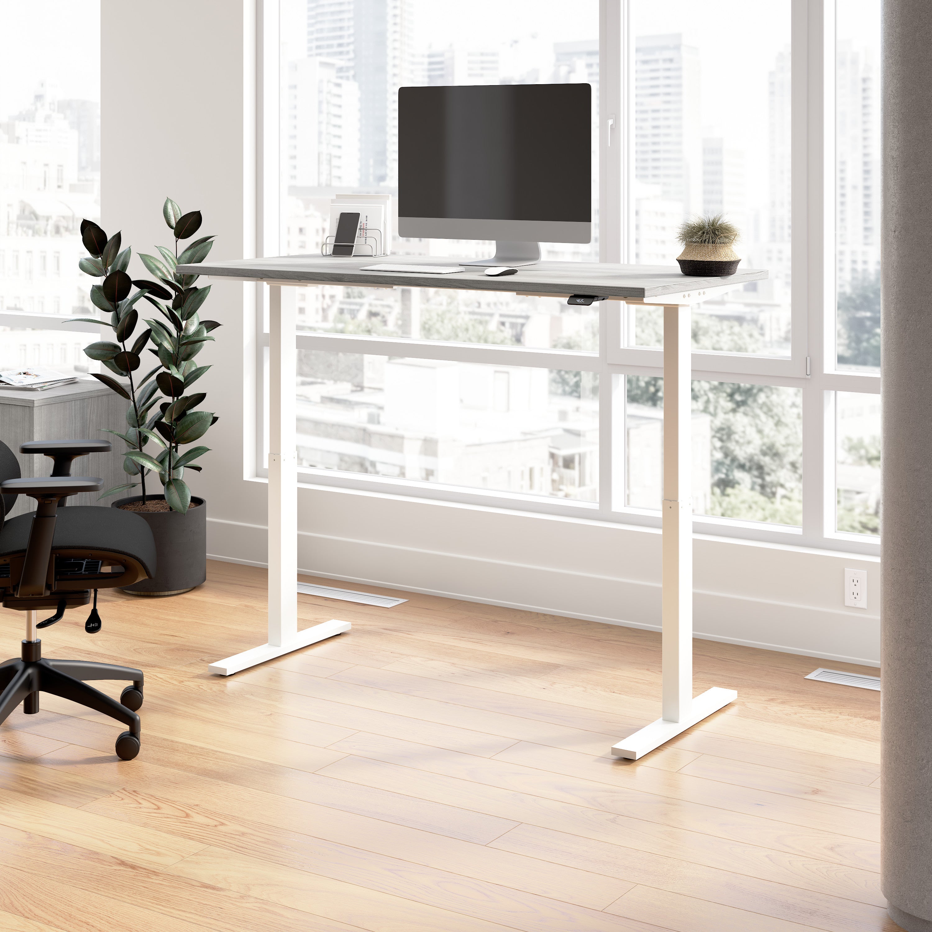Bush Business Furniture Move 60 Series 60W x 30D Electric Height Adjustable Standing Desk in Platinum Gray with White Base - 59.45" Width x 29.37" Depth x 27.44" Height