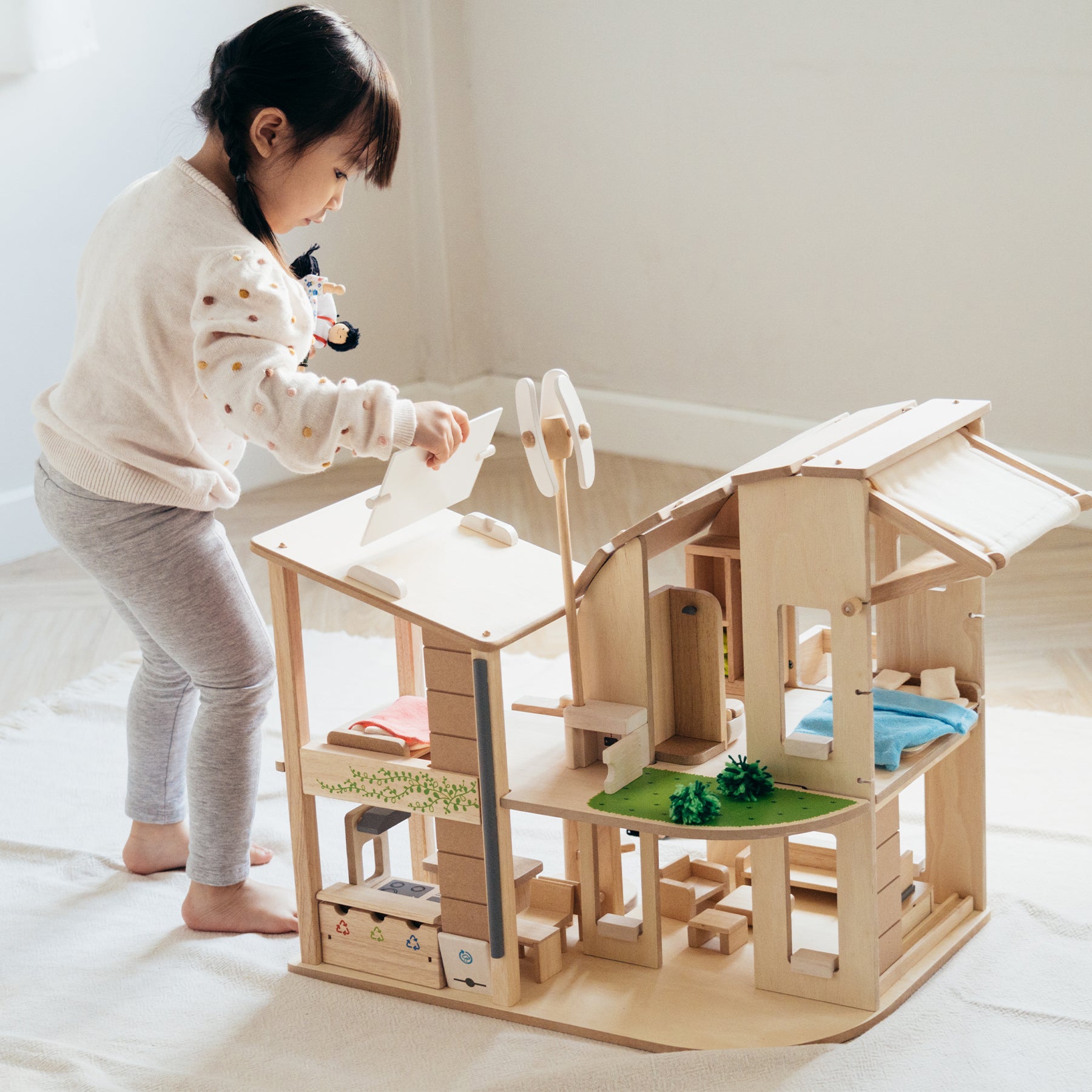 Green Wooden Dollhouse With Furniture