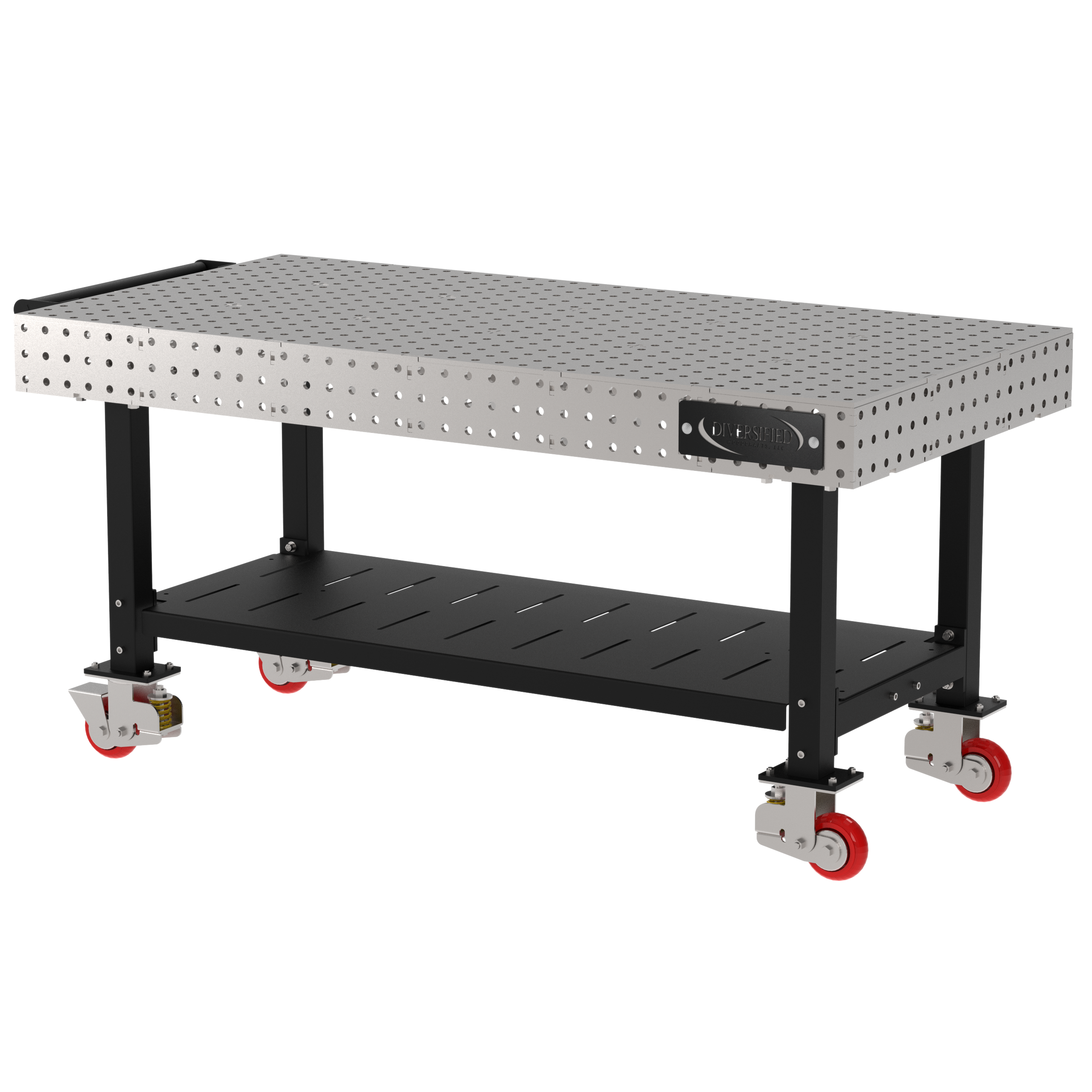 Welding Fixture Table, Fixed Height, 36"H x 72"L x 36"D, 1/4" Carbon Steel Top, Four Black Powdercoat Legs, Shelf, Handle, 4 Heavy Duty Suspension Casters (2 Locking/Swiveling Casters and 2 Non-Locking/Non-SwivelingCasters)