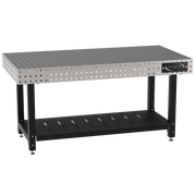 Welding Fixture Table, Fixed Height, 36"H x 72"L x 36"D, 1/4" Carbon Steel Top, Four Black Powdercoat Legs, Shelf, Self-Leveling Feet
