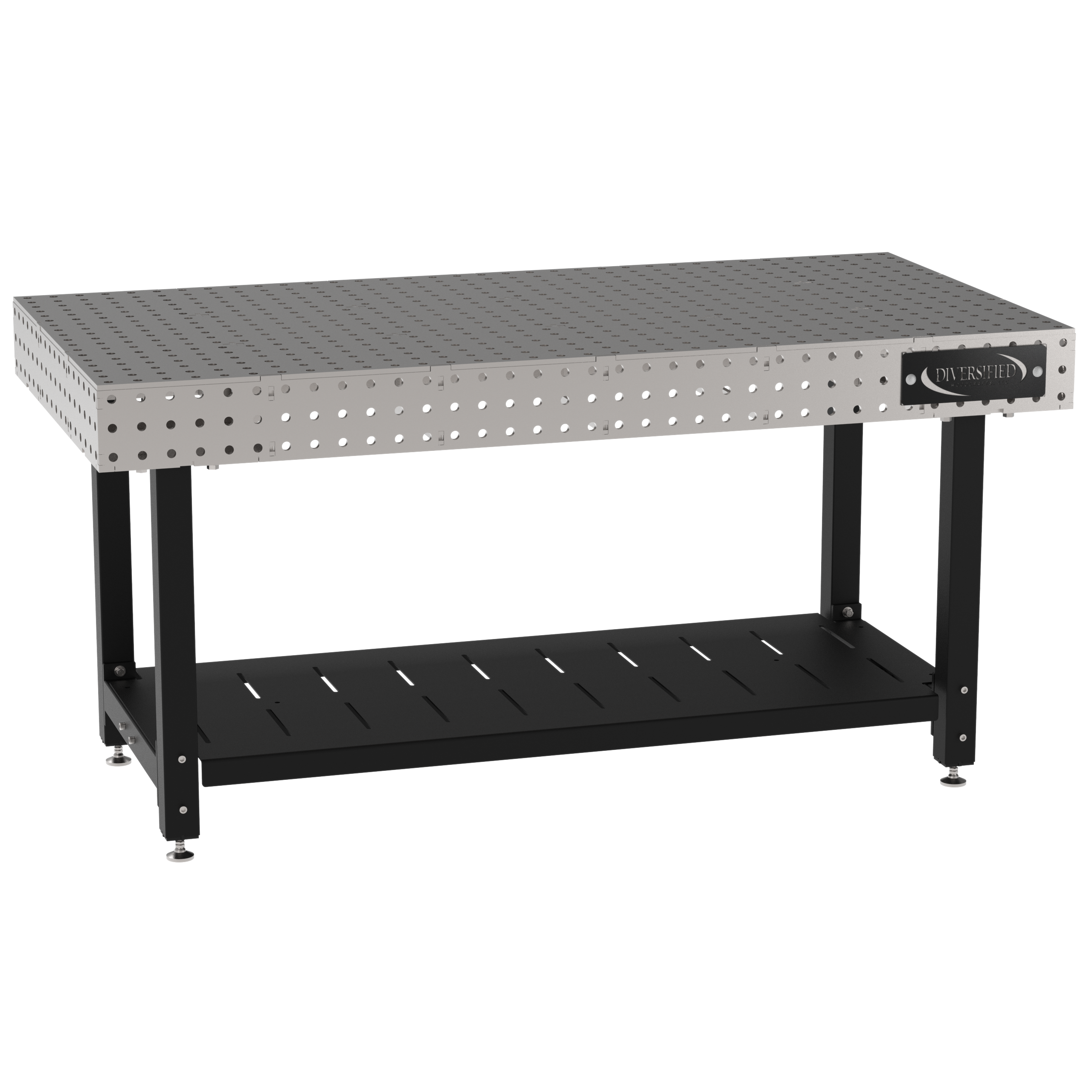 Welding Fixture Table, Fixed Height, 36"H x 72"L x 36"D, 1/4" Carbon Steel Top, Four Black Powdercoat Legs, Shelf, Self-Leveling Feet