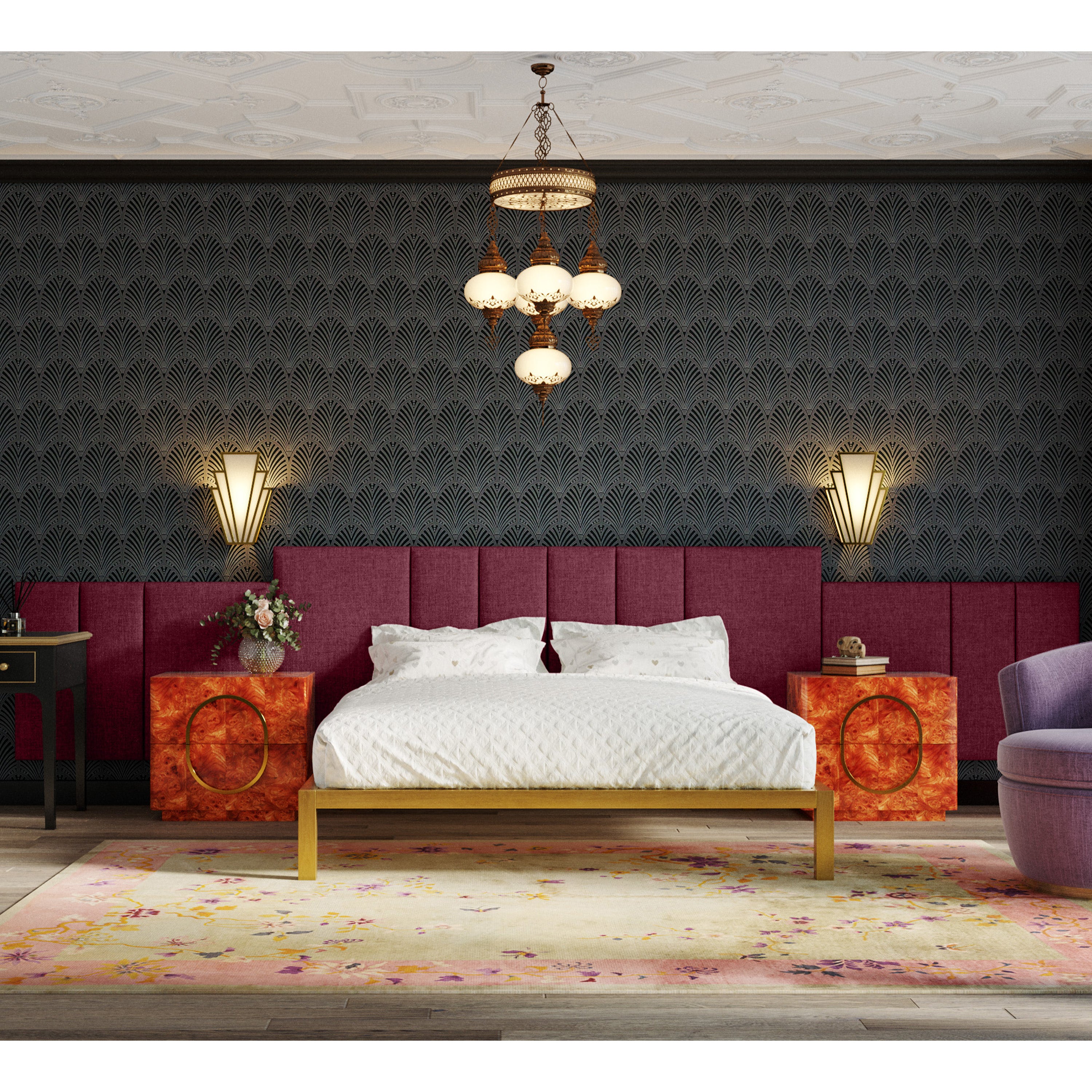Jaxx Panelist Modern Padded Headboard- Set of 2 Wall Mounted Panels (Each 22.5" x 38")- King Double Tall, Microvelvet Vino Red
