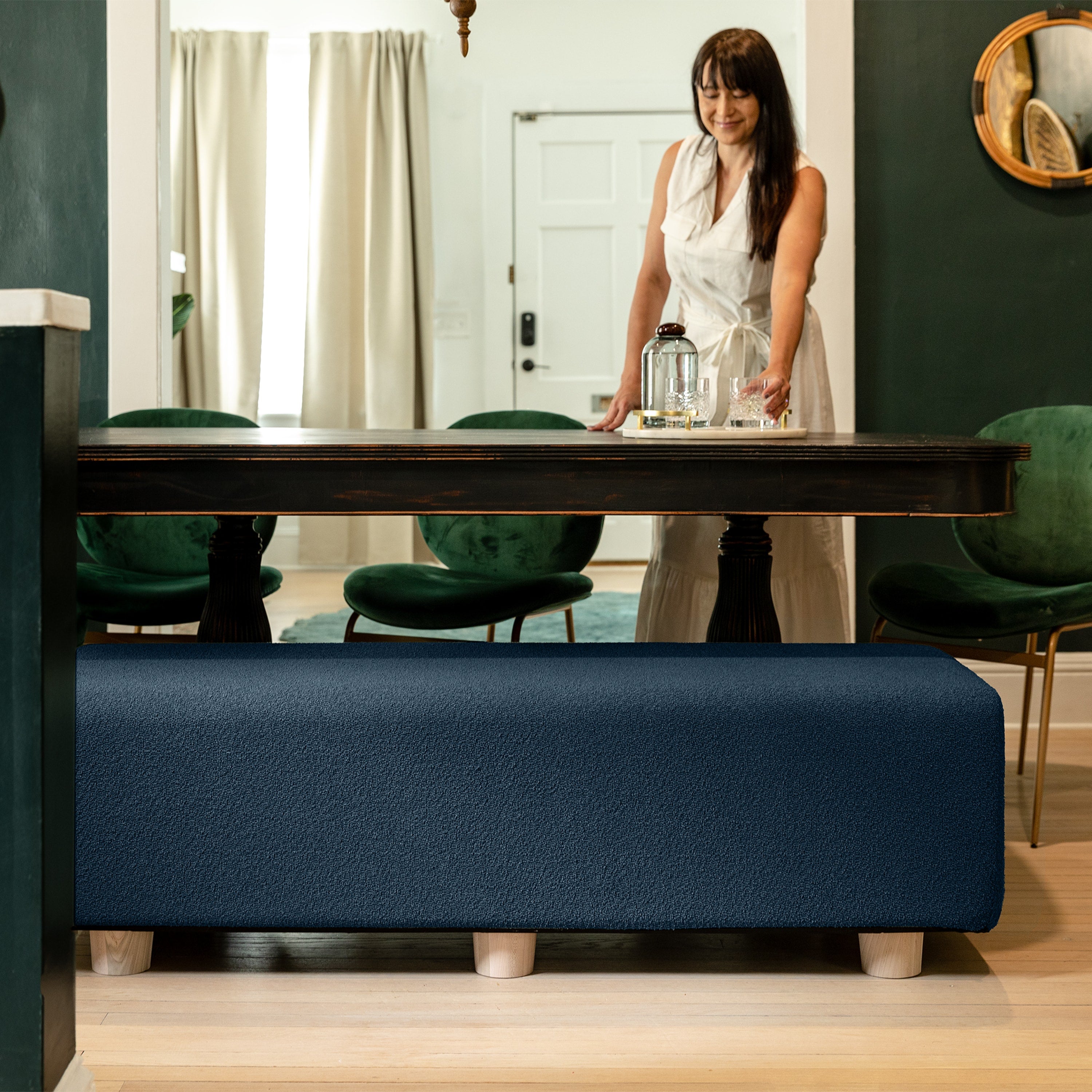 Jaxx Caya 4-in-1 Large Bed Bench, Giant Ottoman, Dining Bench, and Yoga and Massage Platform, Queen, Boucle Navy