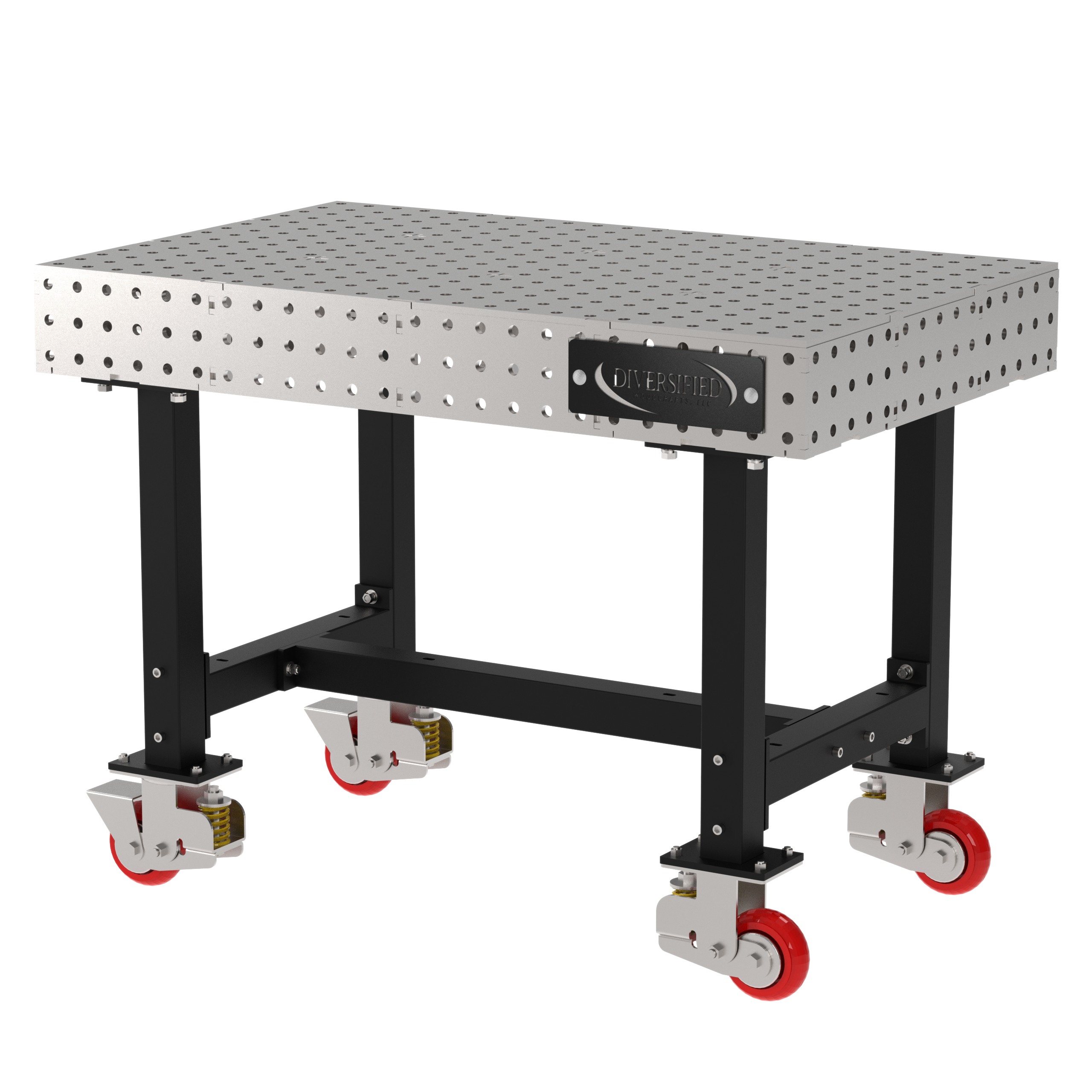 Welding Fixture Table, Fixed Height, 36"H x 48"L x 30"D, 1/4" Carbon Steel Top, Four Black  Powdercoat Legs, 4 Heavy Duty Suspension Casters (2 Locking/Swiveling Casters and 2 Non-Locking/Non-SwivelingCasters)