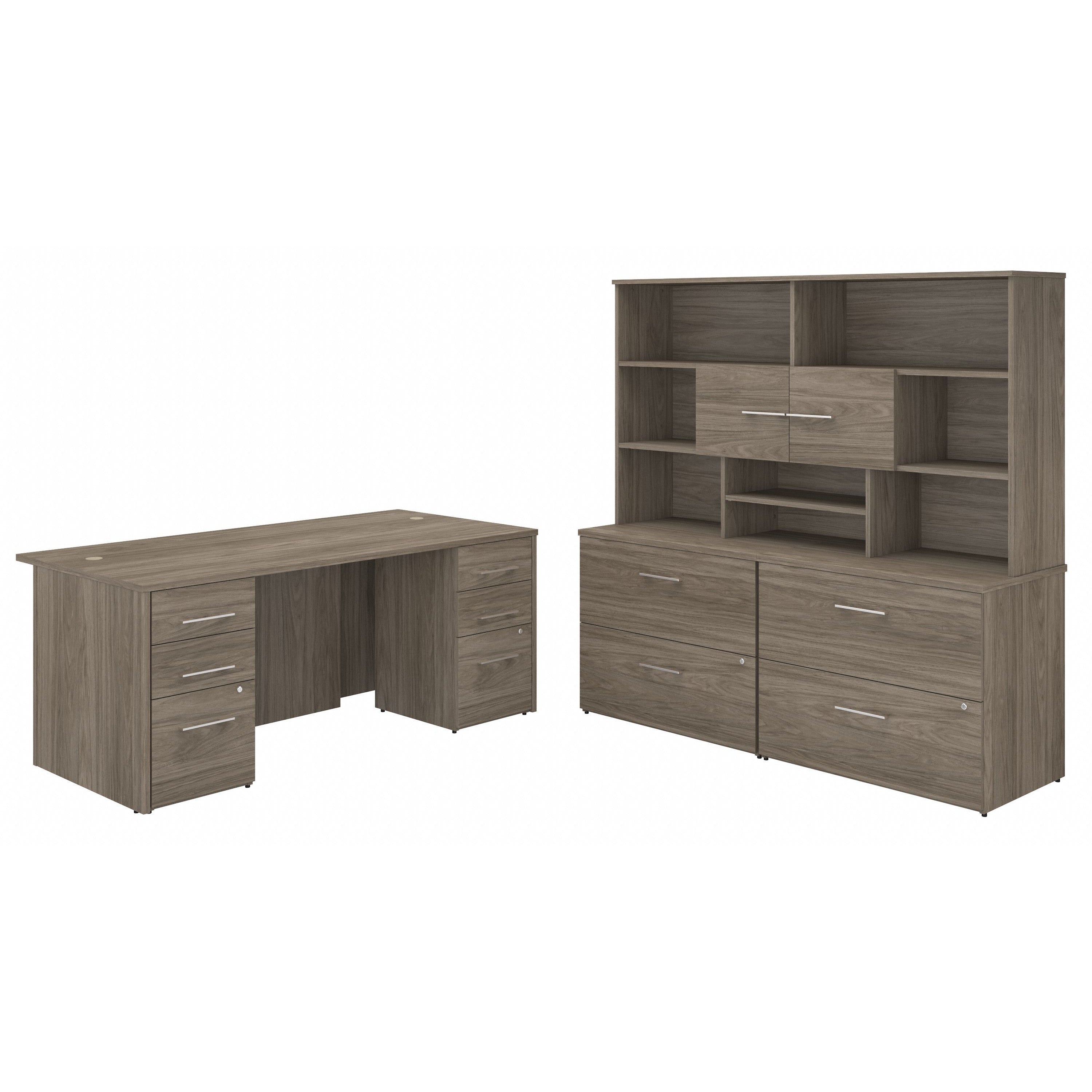 Bush Business Furniture Office 500 72W x 36D Executive Desk with Drawers, Lateral File Cabinets and Hutch in Modern Hickory - 71.02" Width x 35.43" Depth x 70.09" Height