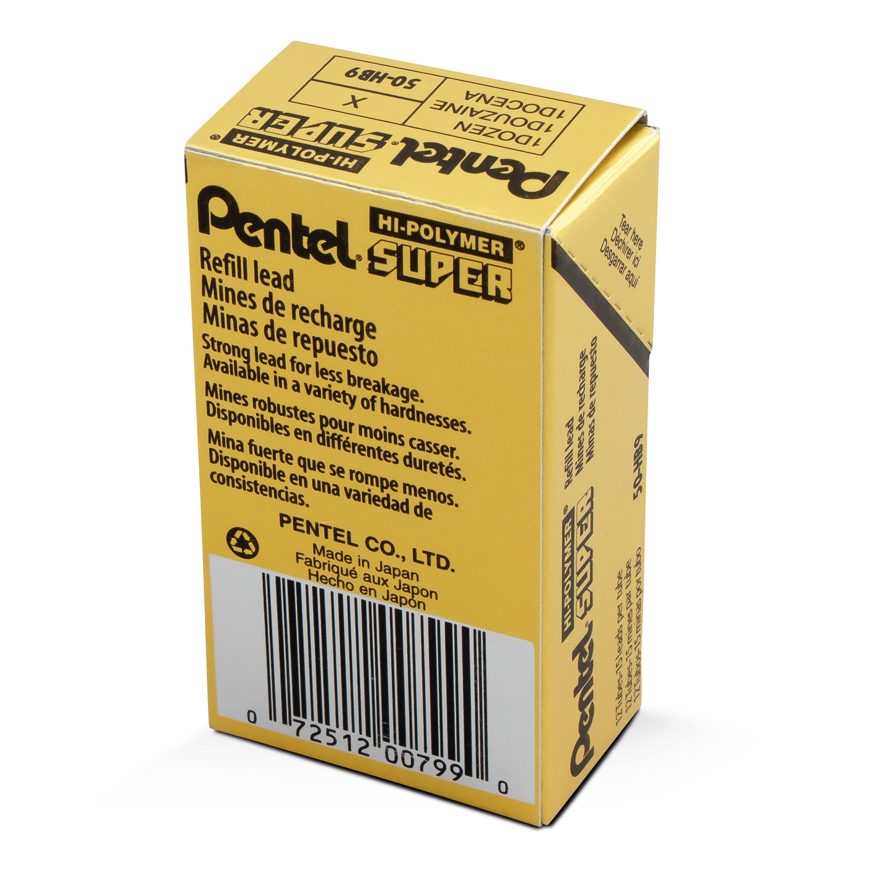 Super Hi-Polymer Lead Refill (0.9mm) Thick, HB, 15 Pieces/Tube, 12 Tubes/Box
