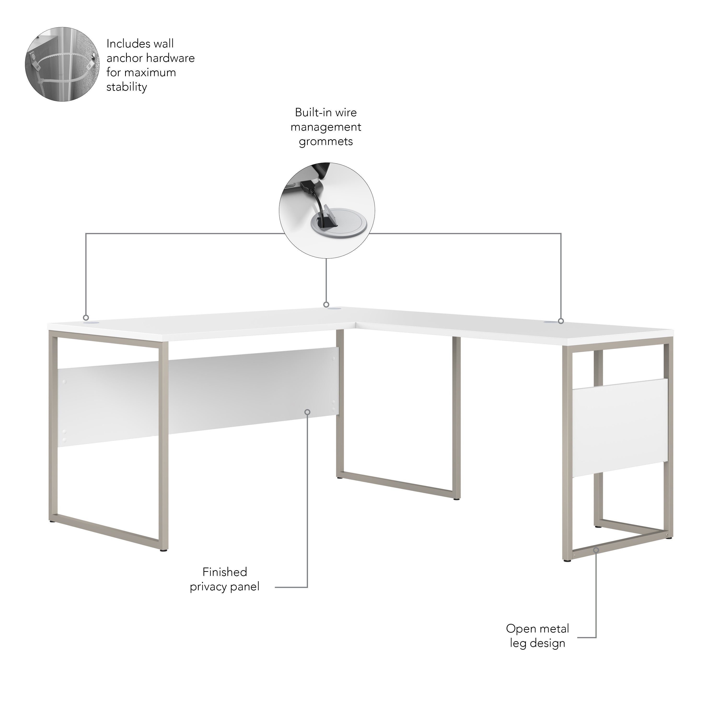 Bush Business Furniture Hybrid 60W x 30D L Shaped Table Desk with Metal Legs in White - 59.45" Width x 71.34" Depth x 29.91" Height