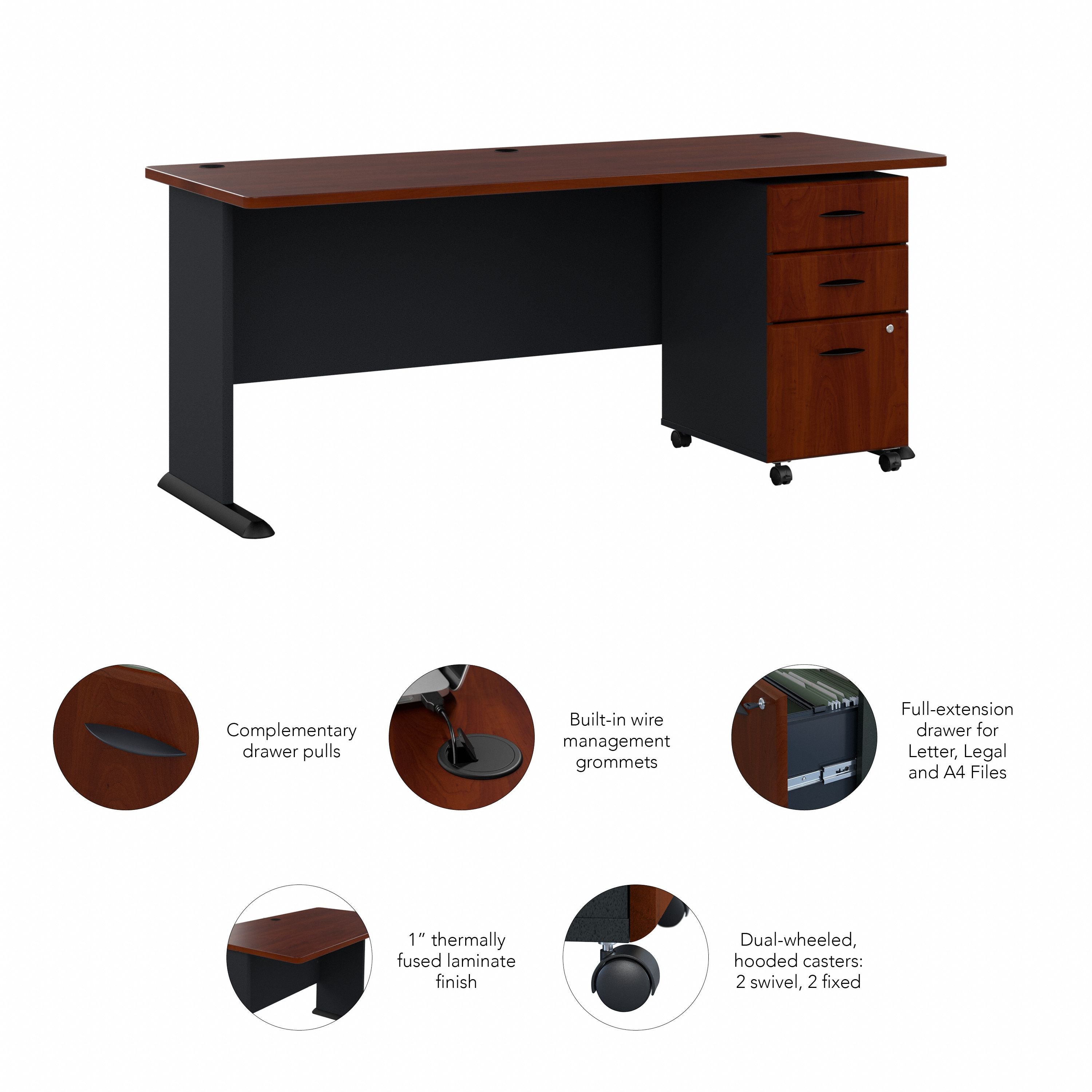 Bush Business Furniture Series A 72W Desk with Mobile File Cabinet in Hansen Cherry and Galaxy - 71.54" Width x 26.81" Depth x 29.66" Height