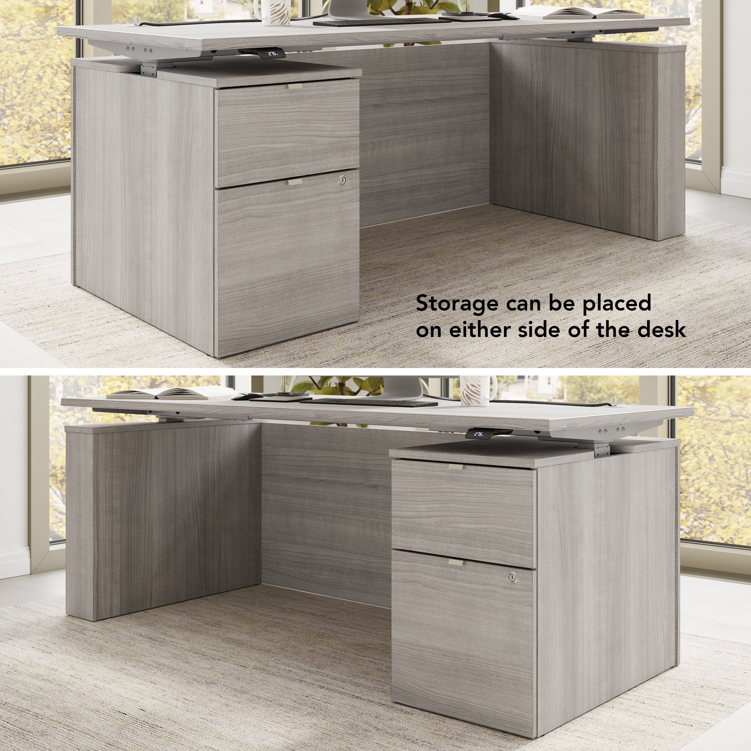 Bush Business Furniture Stratus&nbsp;72W x&nbsp;30D Eletric Height Adjustable Standing Desk with File Cabinet in Platinum Gray with Metallic Gray Base - 71.02" Width x 29.37" Depth x 27.44" Height