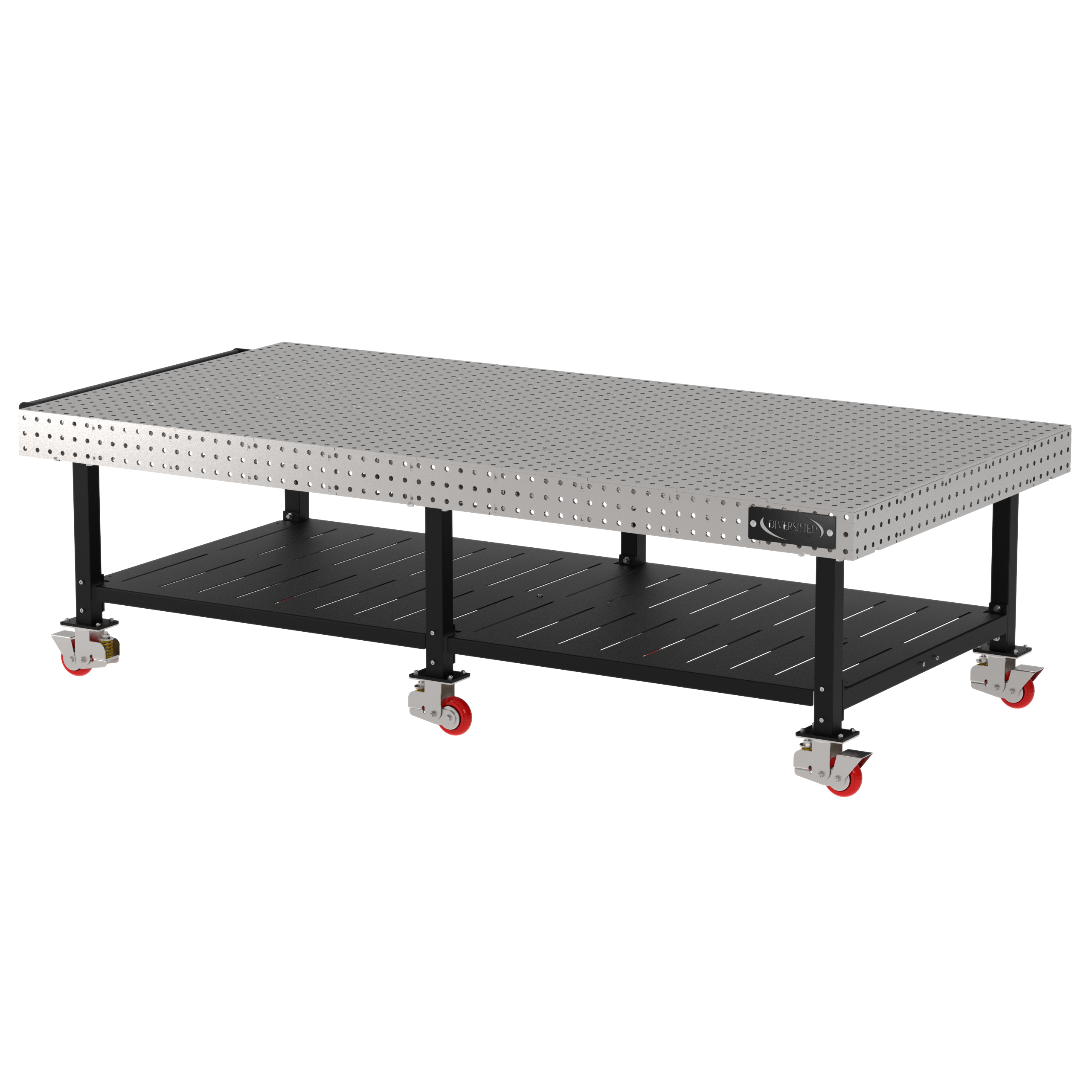 Welding Fixture Table, Fixed Height, 36"H x 120"L x 60"D, 1/4" Carbon Steel Top, Six Black Powdercoat Legs, Shelf, Handle, 6 Heavy Duty Suspension Casters (4 Locking/Swiveling Casters and 2 Non-Locking/Non-SwivelingCasters)
