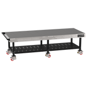 Welding Fixture Table, Fixed Height, 36"H x 120"L x 48"D, 1/4" Carbon Steel Top, Six Black Powdercoat Legs, Shelf, Handle, 6 Heavy Duty Suspension Casters (4 Locking/Swiveling Casters and 2 Non-Locking/Non-SwivelingCasters)