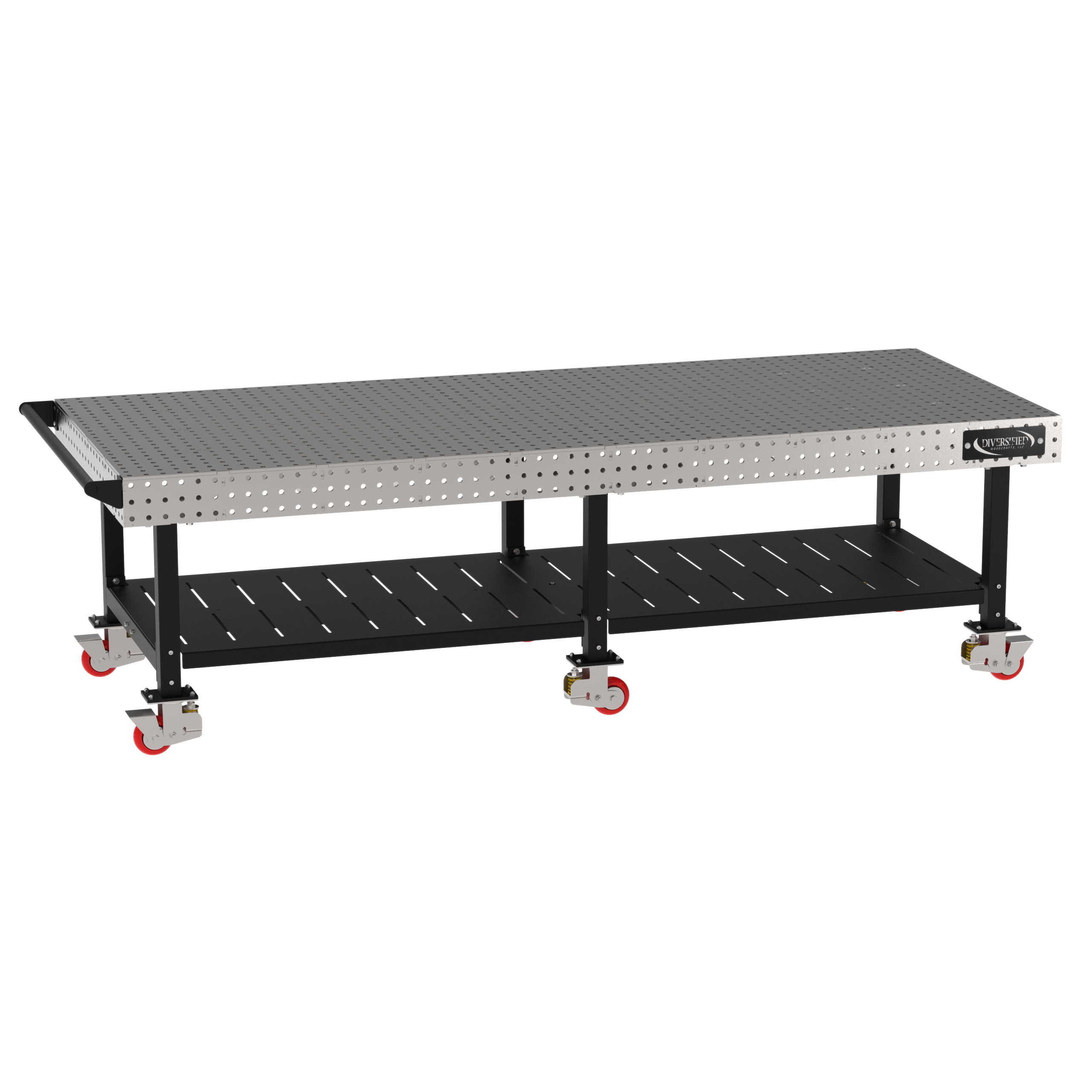 Welding Fixture Table, Fixed Height, 36"H x 120"L x 48"D, 1/4" Carbon Steel Top, Six Black Powdercoat Legs, Shelf, Handle, 6 Heavy Duty Suspension Casters (4 Locking/Swiveling Casters and 2 Non-Locking/Non-SwivelingCasters)