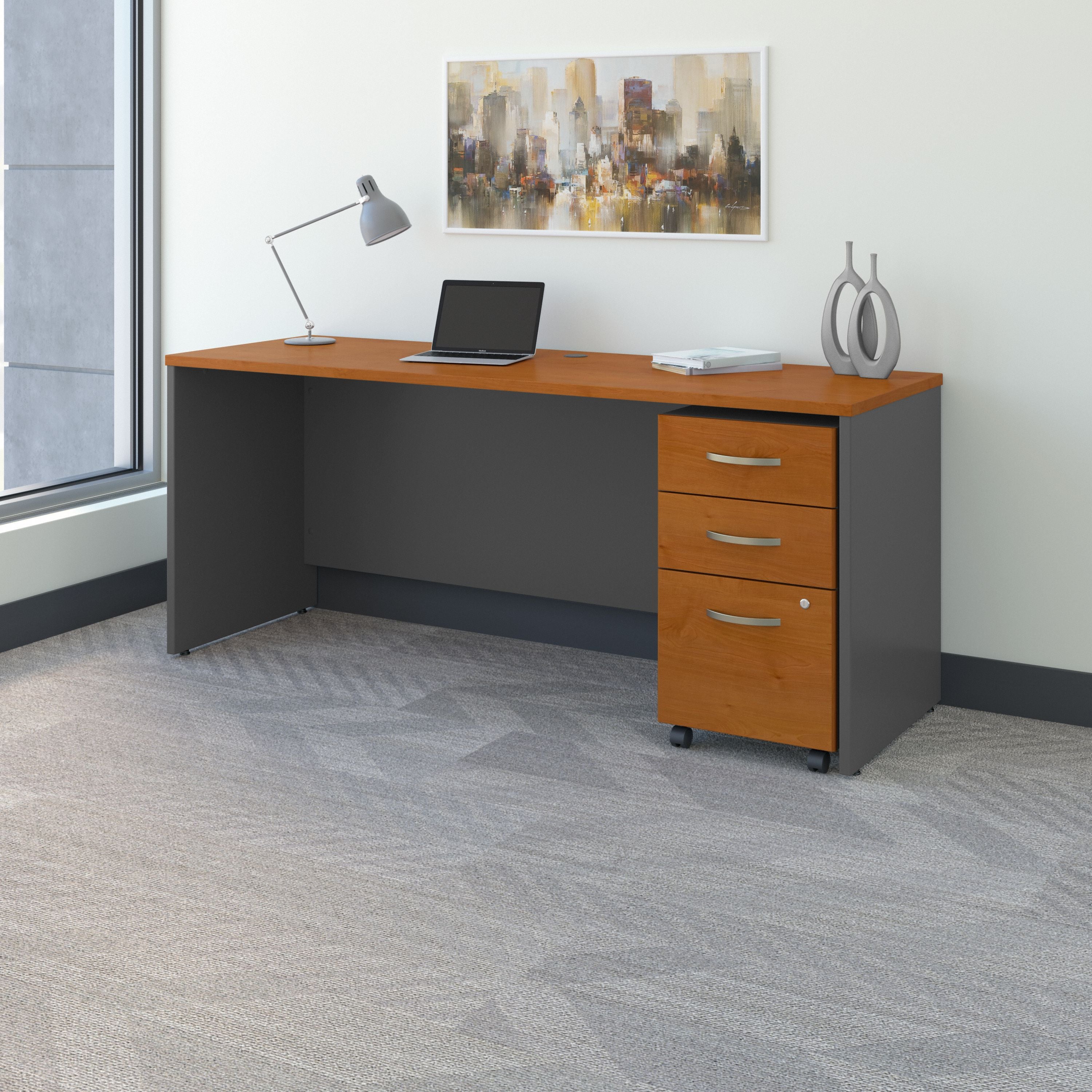 Bush Business Furniture Series C 72W x 24D Office Desk with Mobile File Cabinet in Natural Cherry - 71.02" Width x 23.35" Depth x 29.8" Height