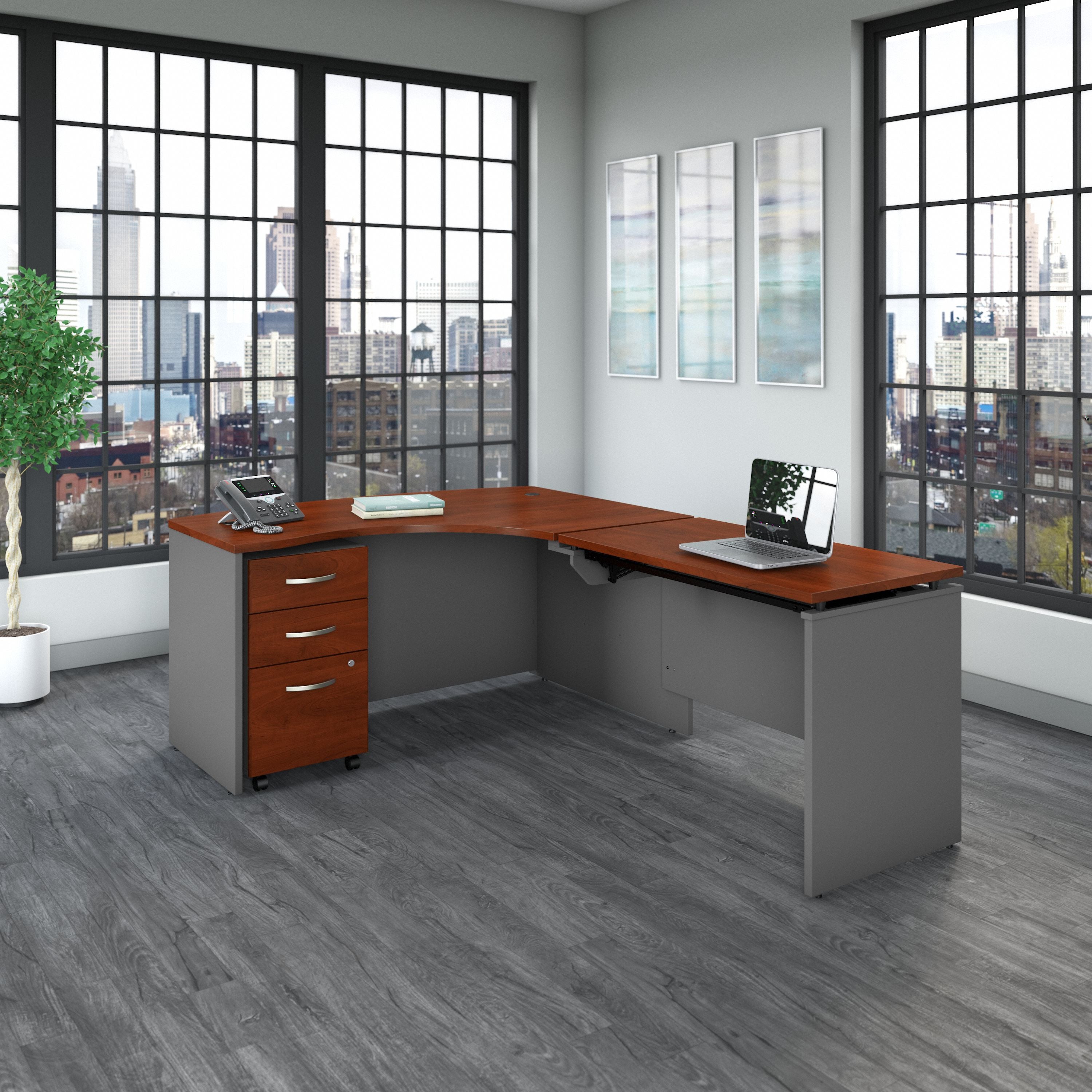 Bush Business Furniture Series C 60W x 43D Right Hand 3 Position Sit to Stand L Shaped Desk with Mobile File Cabinet in Hansen Cherry/Graphite Gray - 58.86" Width x 85.51" Depth x 29.84" Height