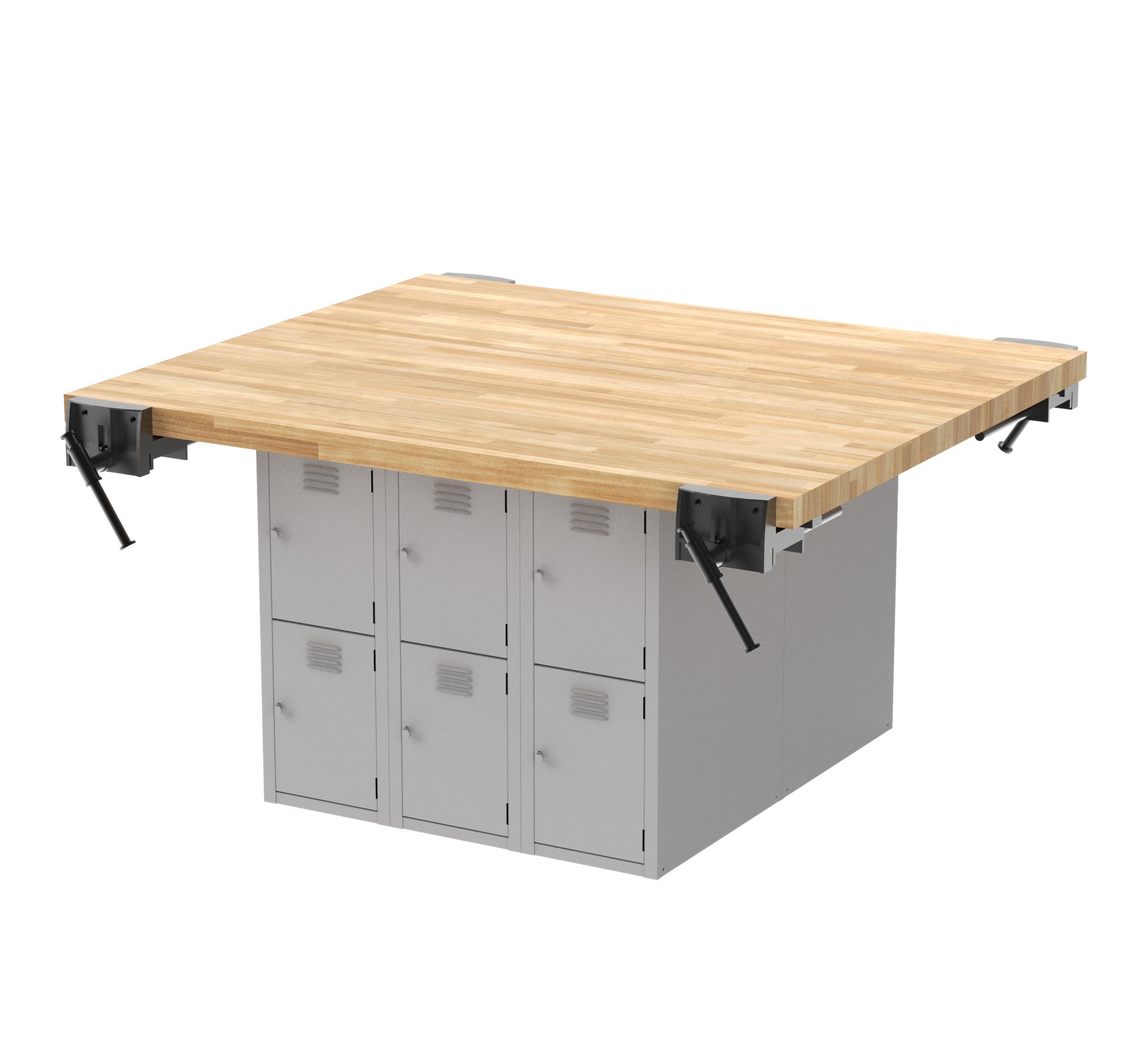 Forum Industrial Arts Four-Station Workbench with Steel Lockers W/4 Vises