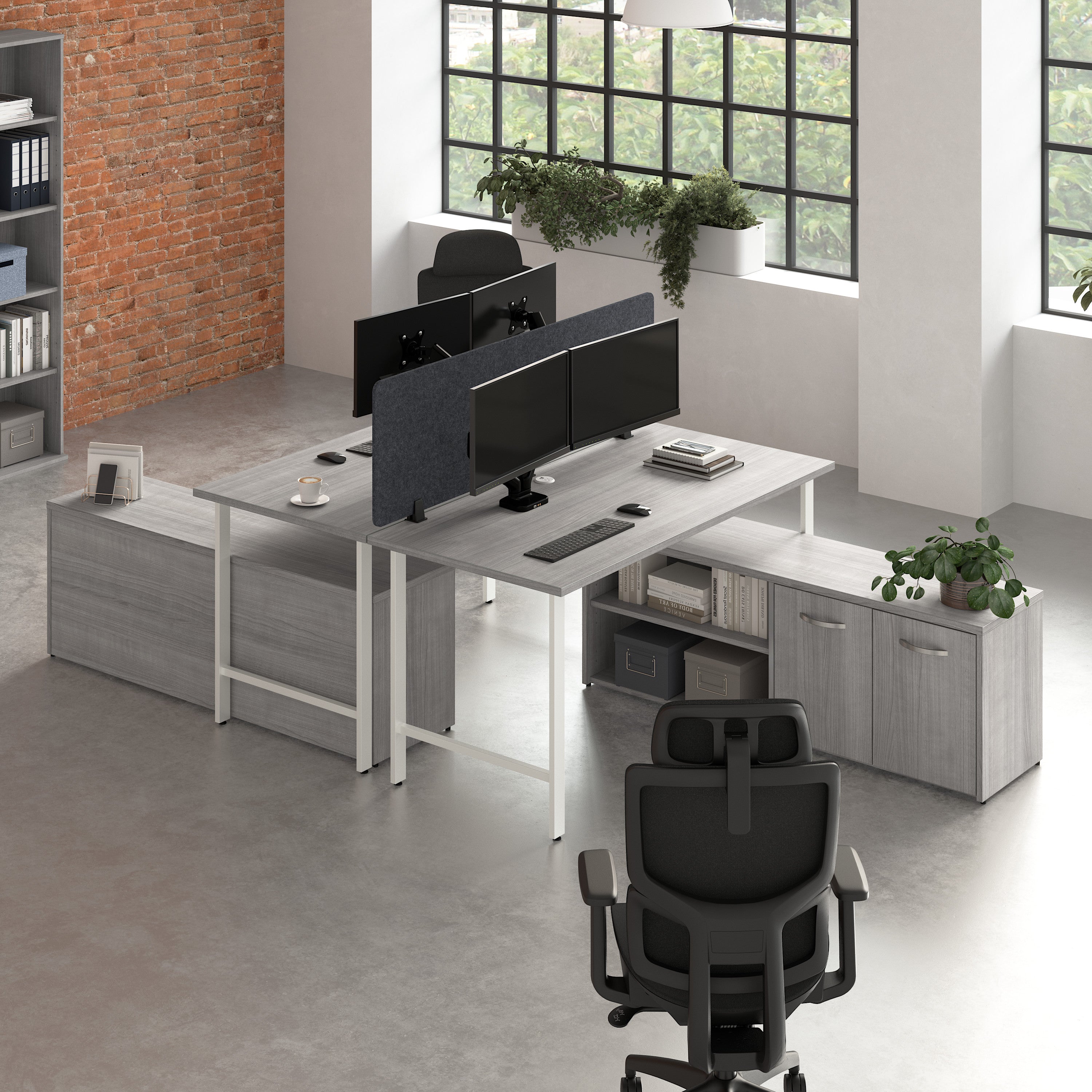 Bush Business Furniture Hustle 2 Person Computer Desk with Low Storage Cabinets, Power Grommets, and Privacy Screen in Platinum Gray - 59.44" Width x 29.37" Depth x 30.07" Height