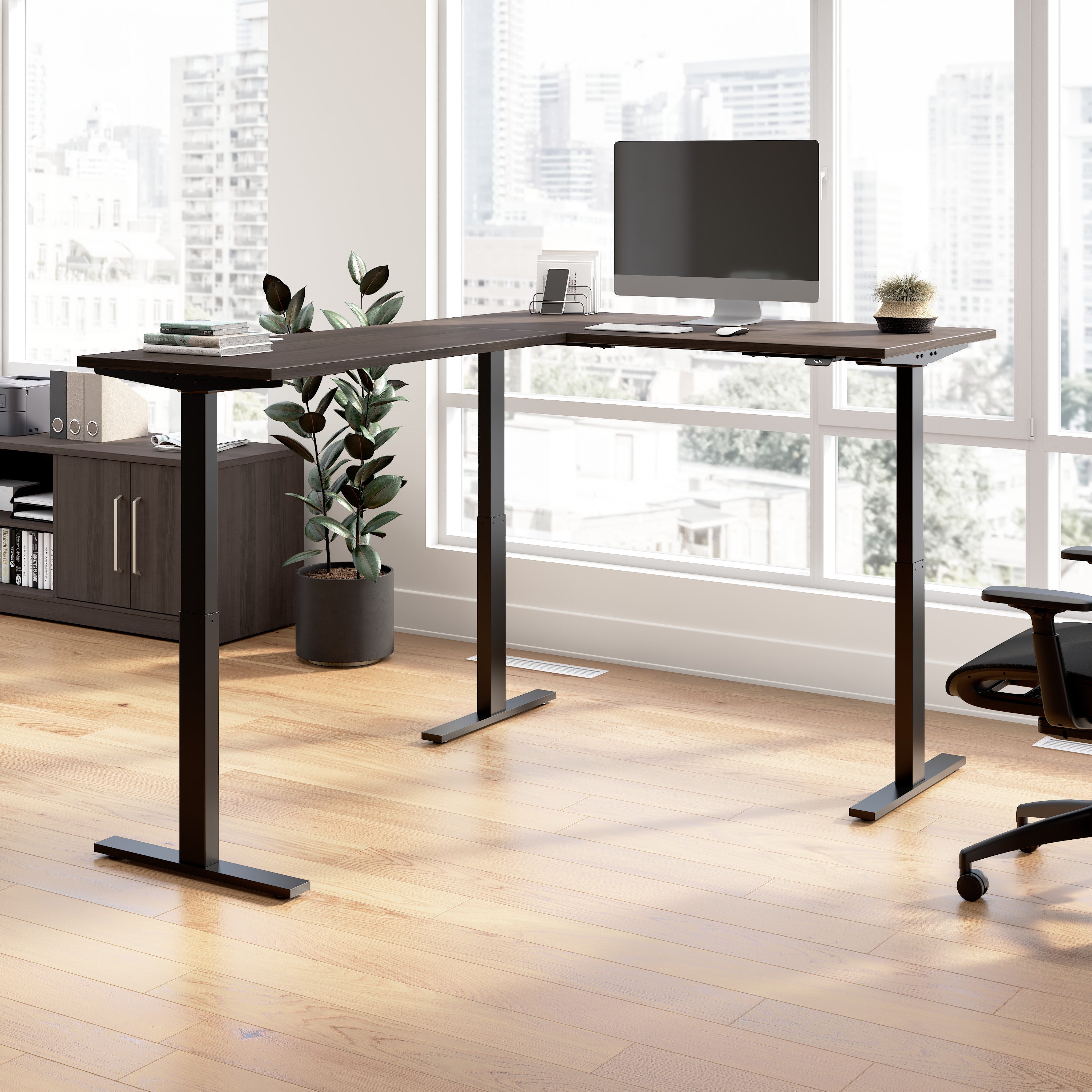 Bush Business Furniture Move 60 Series 60W Height Adjustable L Shaped Standing Desk in Storm Gray with Black Base - 59.45" Width x 76.97" Depth x 27.44" Height