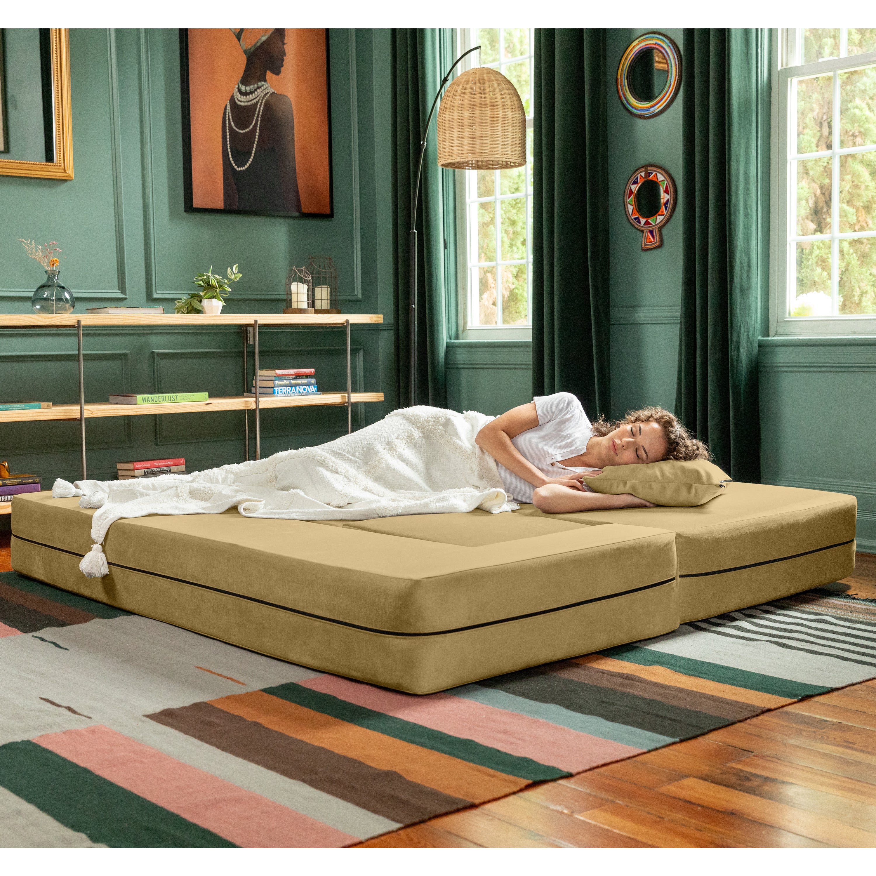 Jaxx Zipline Convertible Sleeper Sofa & Three Ottomans/California King-Size Bed, Textured Microvelvet - Camel